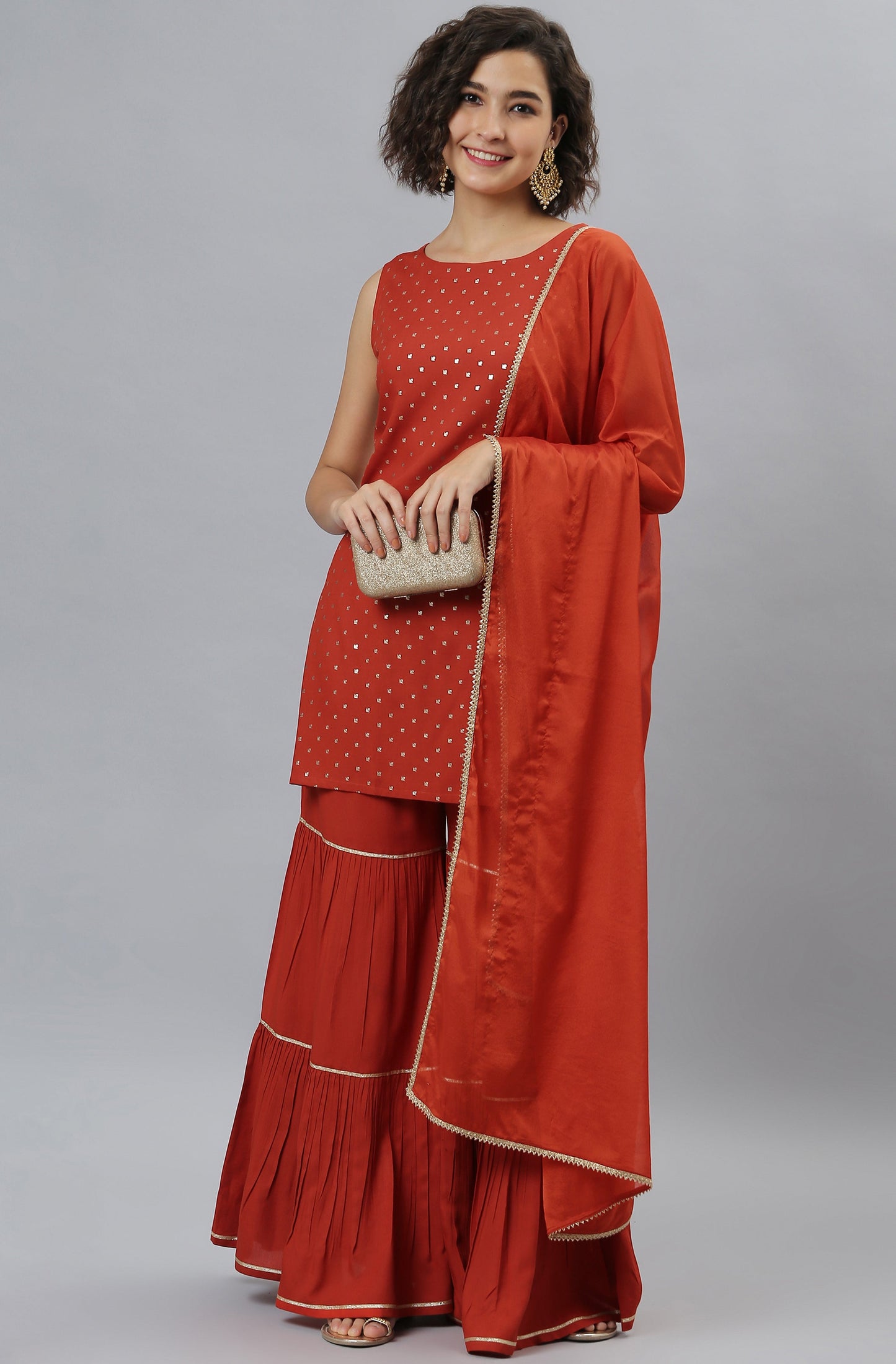 Janasya Women's Orange Rayon Foil Print Kurti With Sharara And Dupatta | Swadesiicart