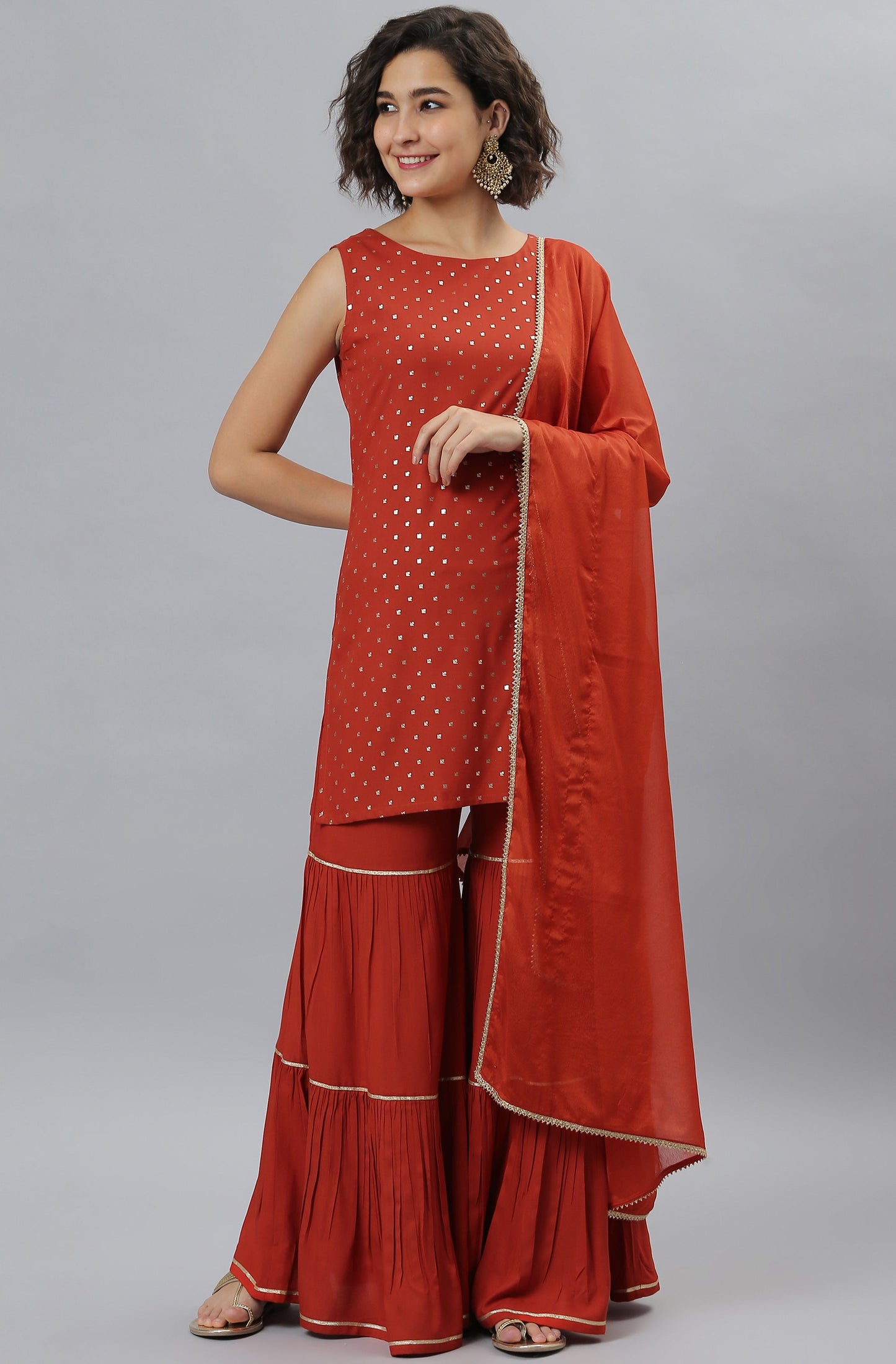 Janasya Women's Orange Rayon Foil Print Kurti With Sharara And Dupatta | Swadesiicart