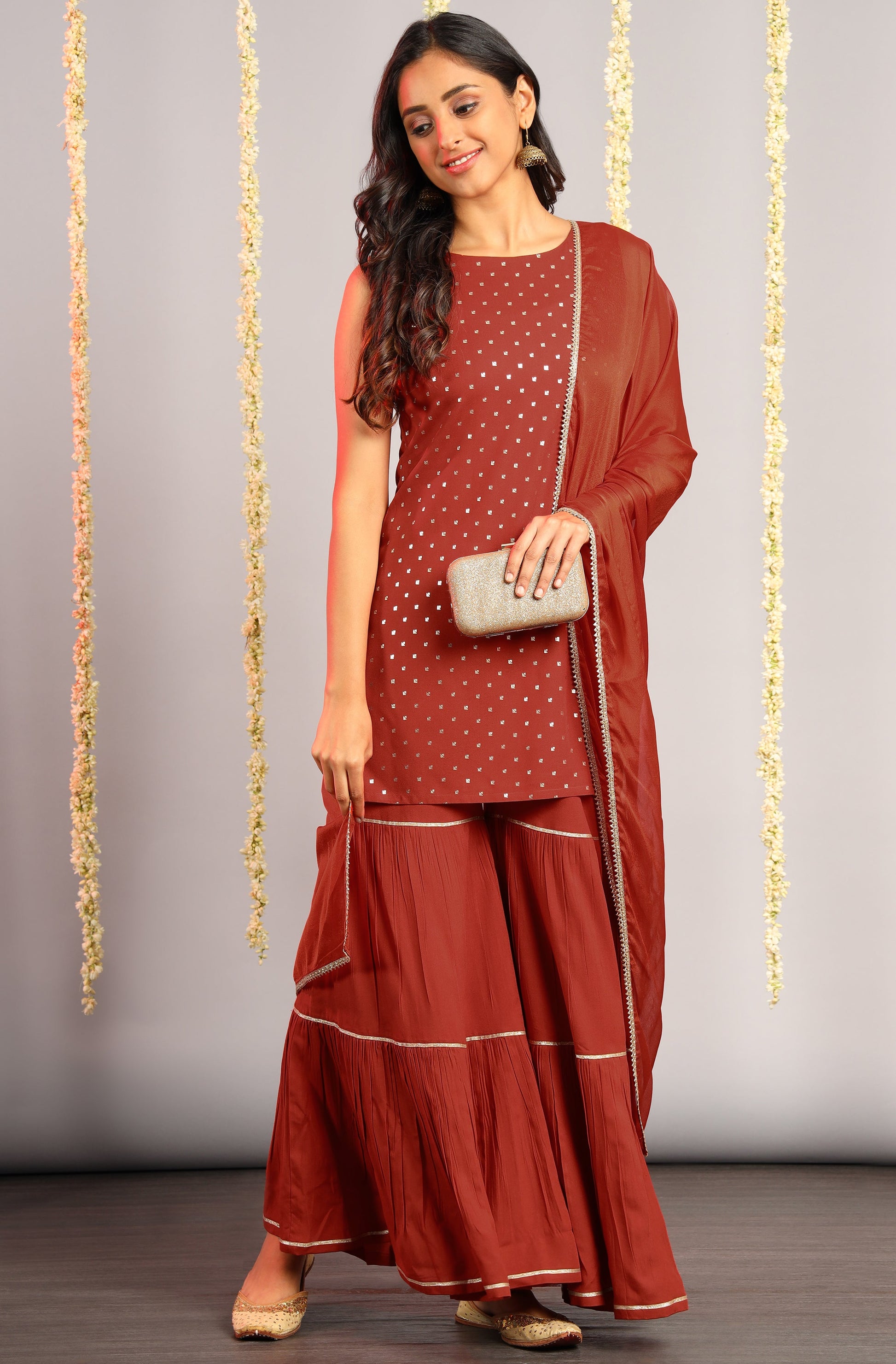 Janasya Women's Orange Rayon Foil Print Kurti With Sharara And Dupatta | Swadesiicart