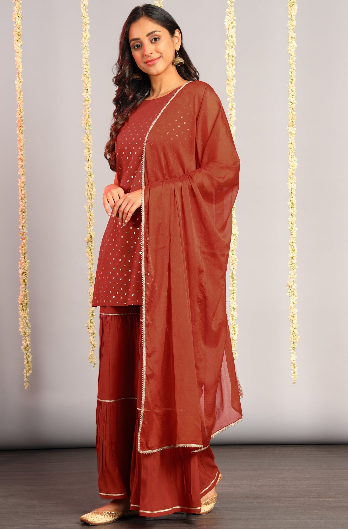 Janasya Women's Orange Rayon Foil Print Kurti With Sharara And Dupatta | Swadesiicart