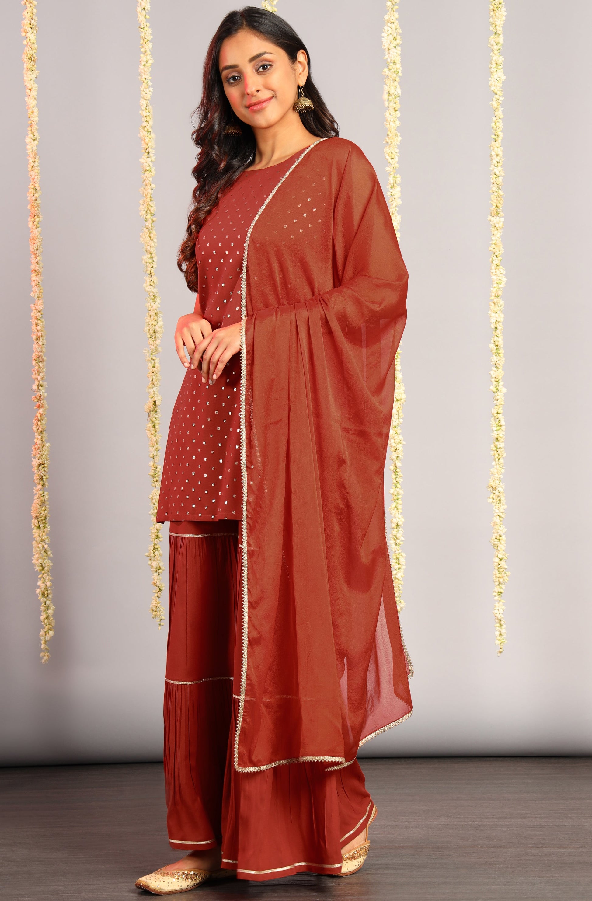 Janasya Women's Orange Rayon Foil Print Kurti With Sharara And Dupatta | Swadesiicart