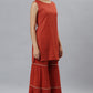 Janasya Women's Orange Rayon Foil Print Kurti With Sharara And Dupatta | Swadesiicart