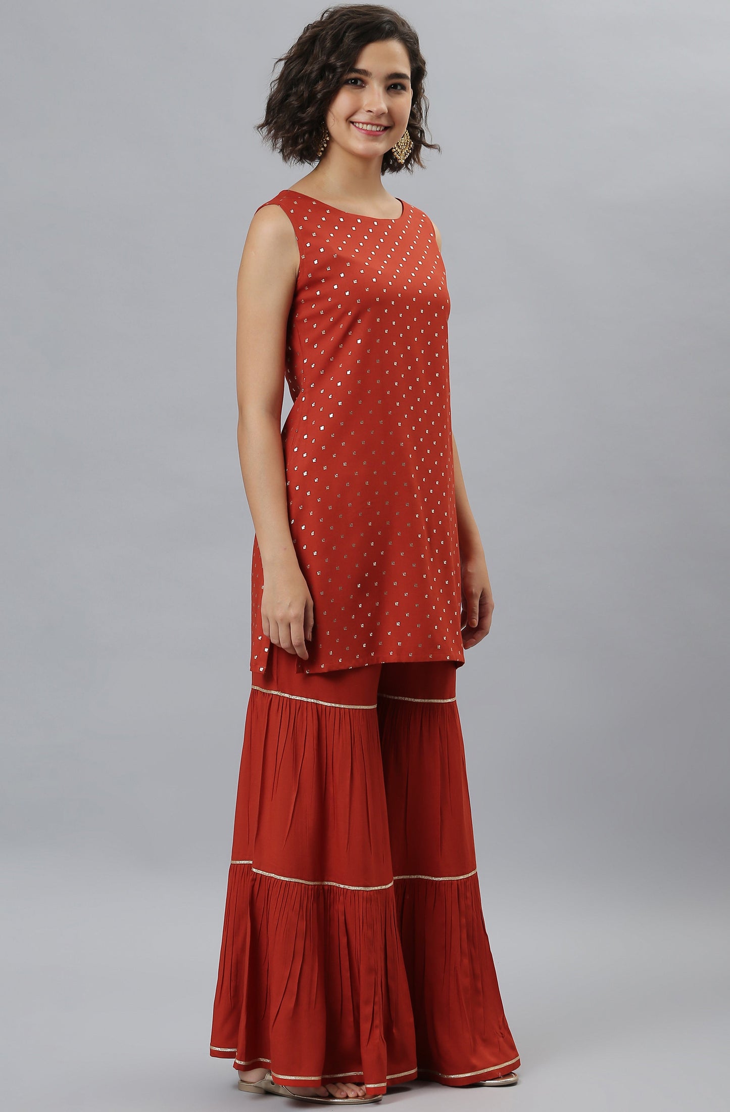 Janasya Women's Orange Rayon Foil Print Kurti With Sharara And Dupatta | Swadesiicart