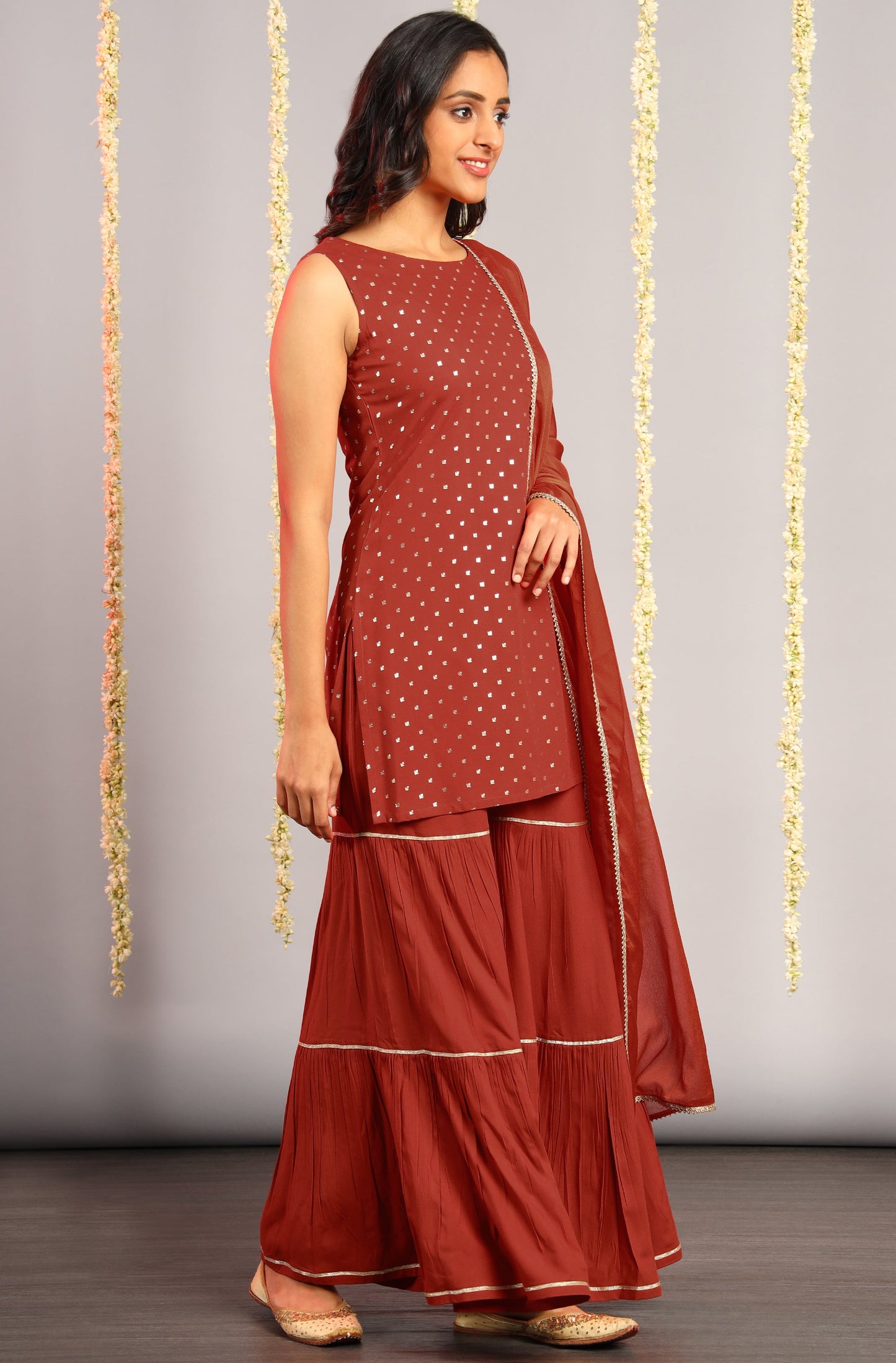 Janasya Women's Orange Rayon Foil Print Kurti With Sharara And Dupatta | Swadesiicart
