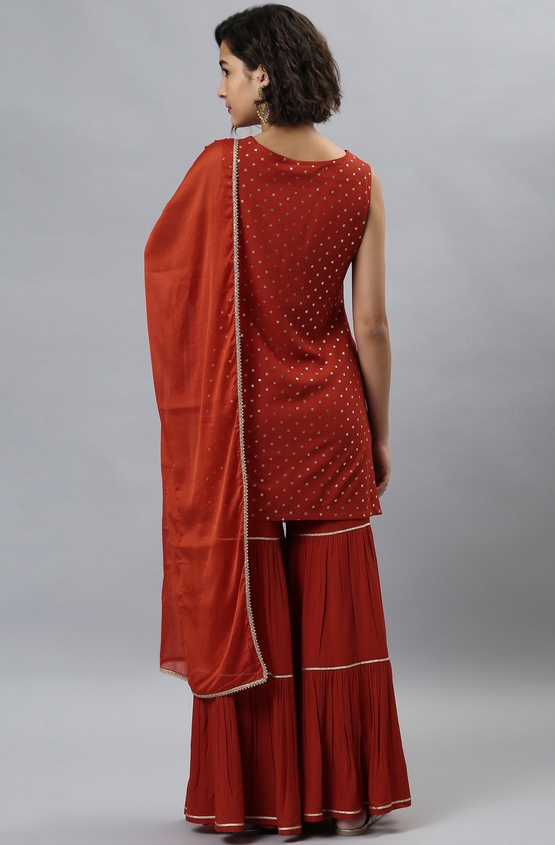 Janasya Women's Orange Rayon Foil Print Kurti With Sharara And Dupatta | Swadesiicart