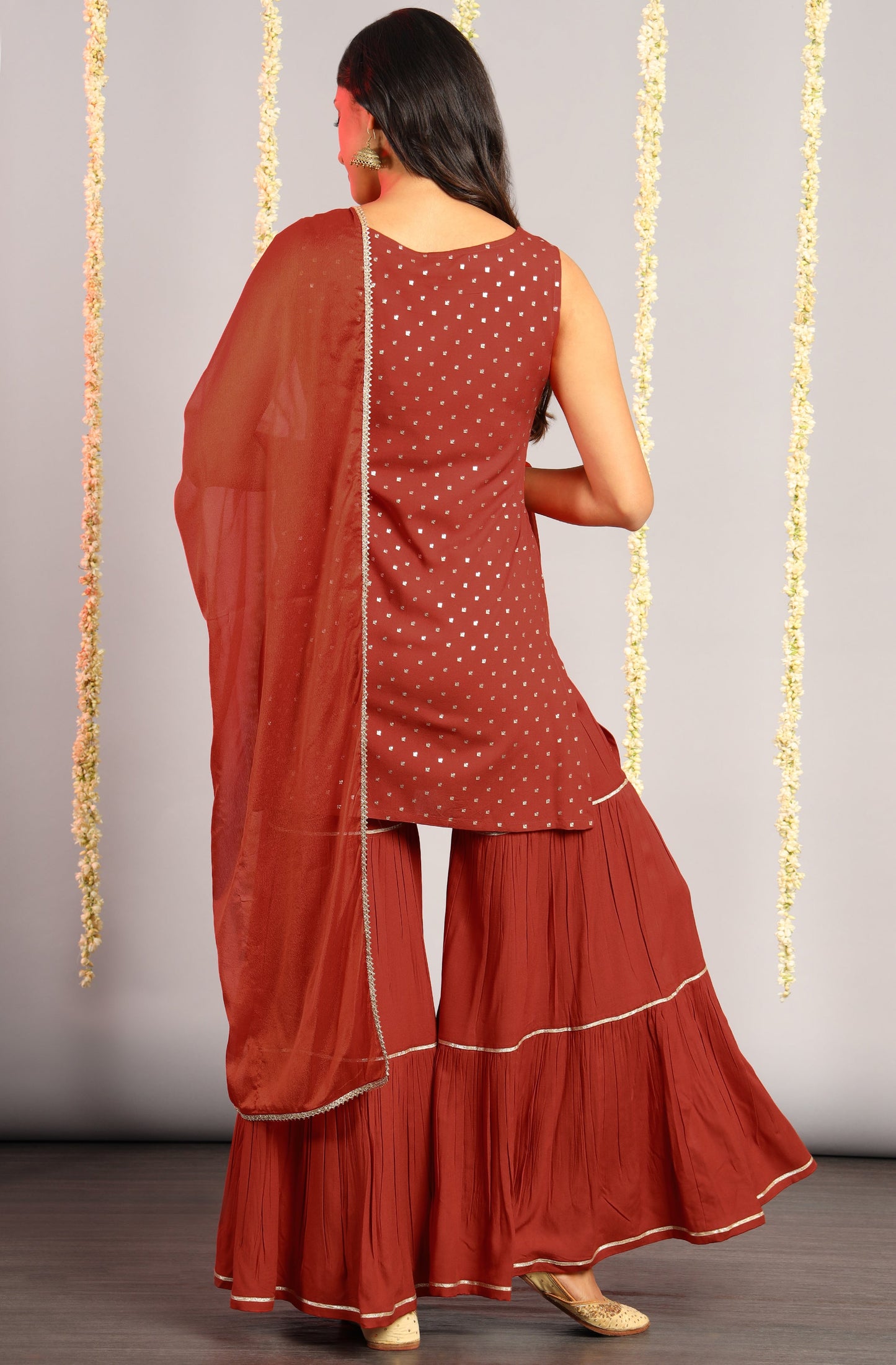 Janasya Women's Orange Rayon Foil Print Kurti With Sharara And Dupatta | Swadesiicart