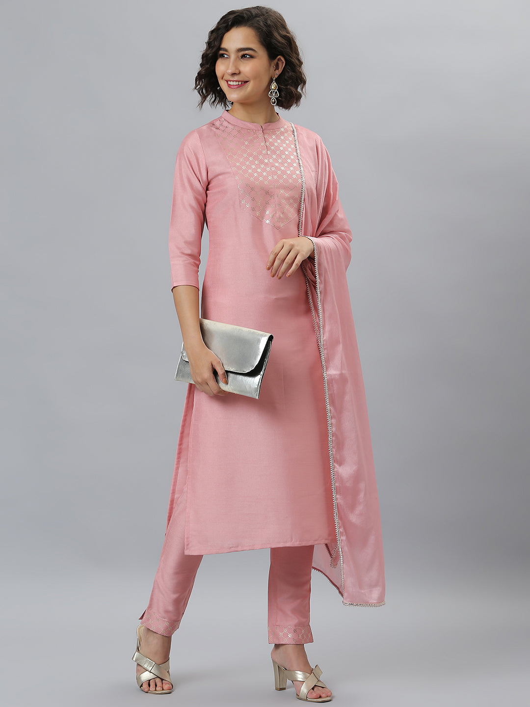 Indian Clothing Janasya Women's Pink Poly Silk Floral Printed Straight Party Kurta Set - Swadesiicart