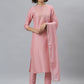 Indian Clothing Janasya Women's Pink Poly Silk Floral Printed Straight Party Kurta Set - Swadesiicart