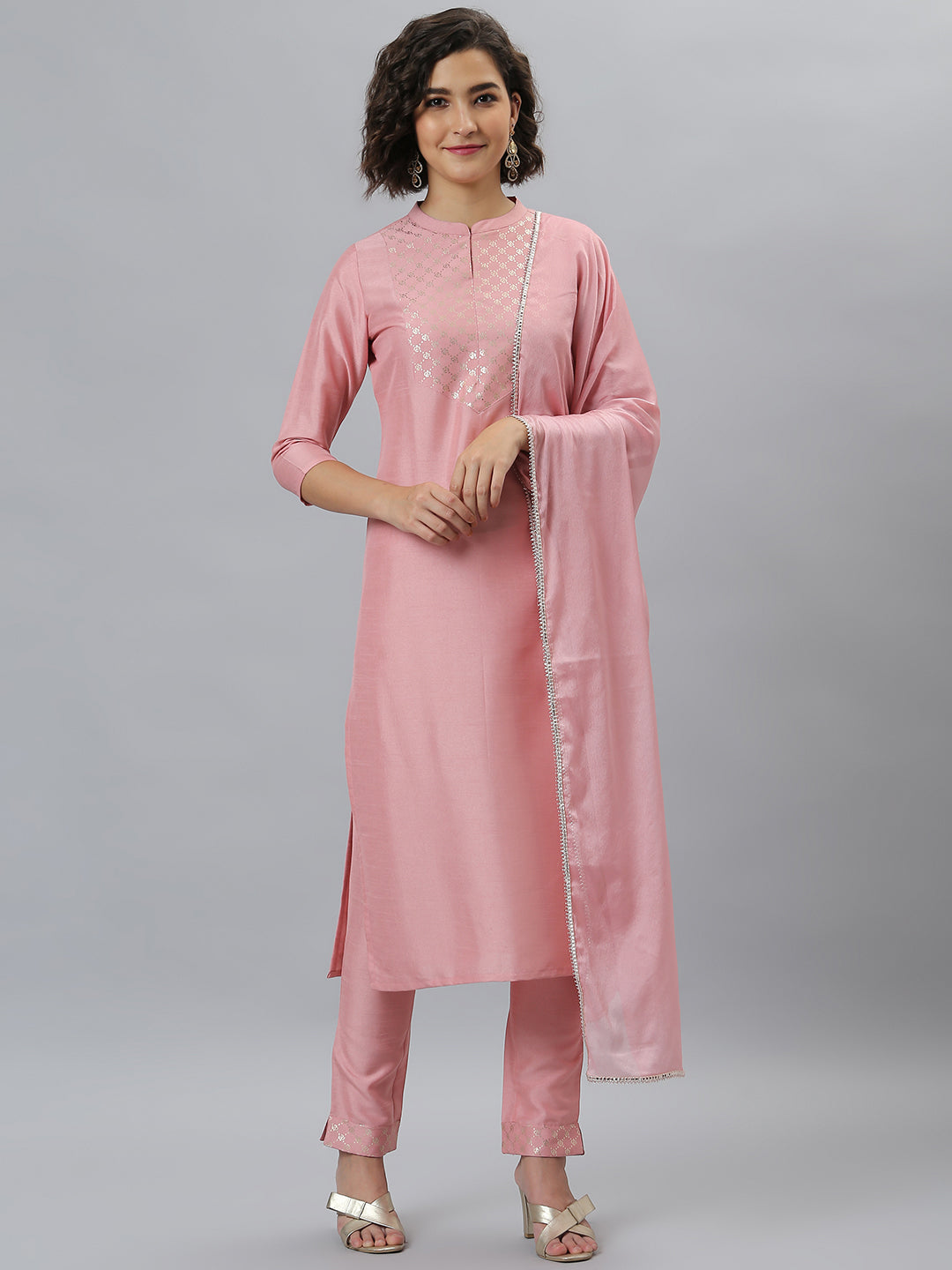 Indian Clothing Janasya Women's Pink Poly Silk Floral Printed Straight Party Kurta Set - Swadesiicart