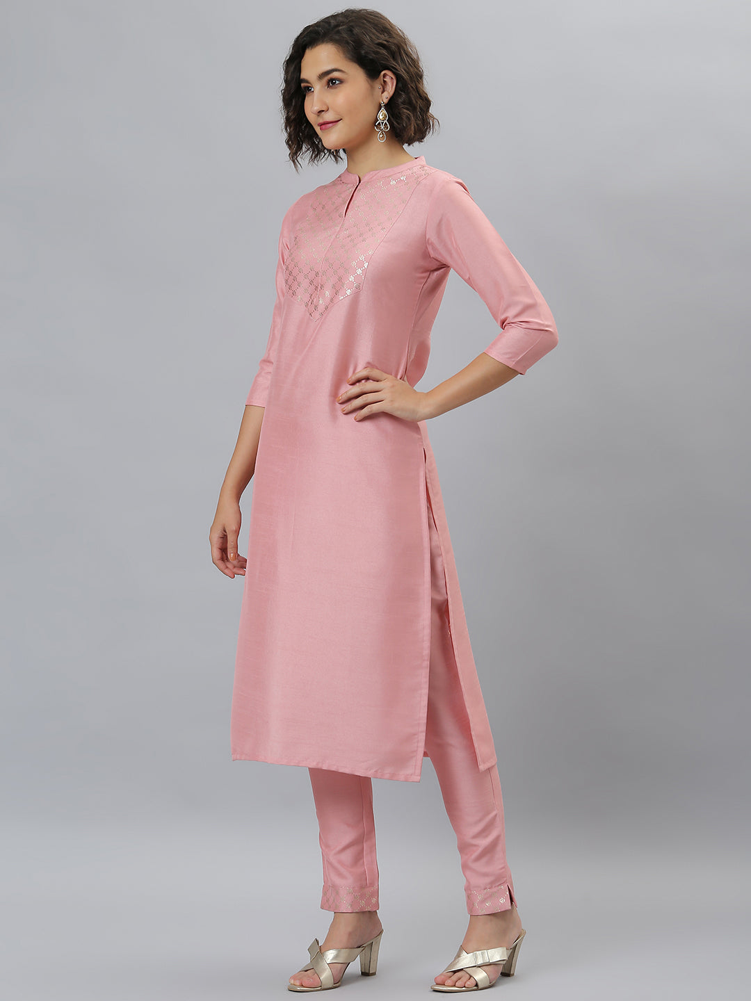 Indian Clothing Janasya Women's Pink Poly Silk Floral Printed Straight Party Kurta Set - Swadesiicart