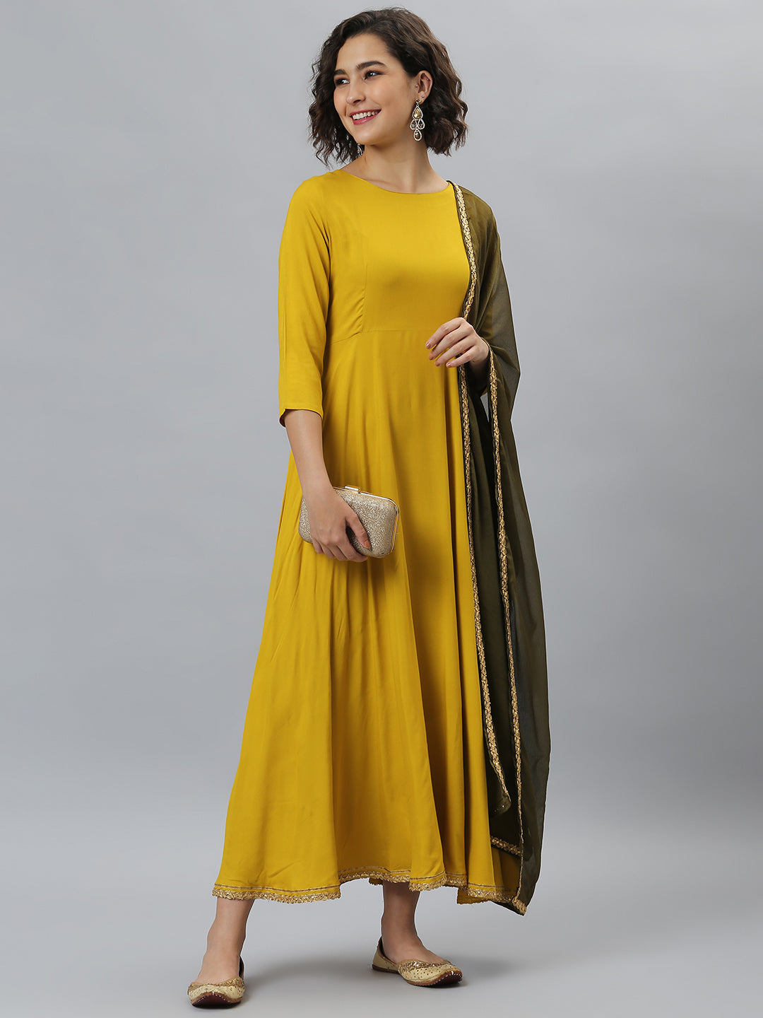 Janasya Women's Mustard Rayon Solid Flared Casual Kurta Set | Swadesiicart