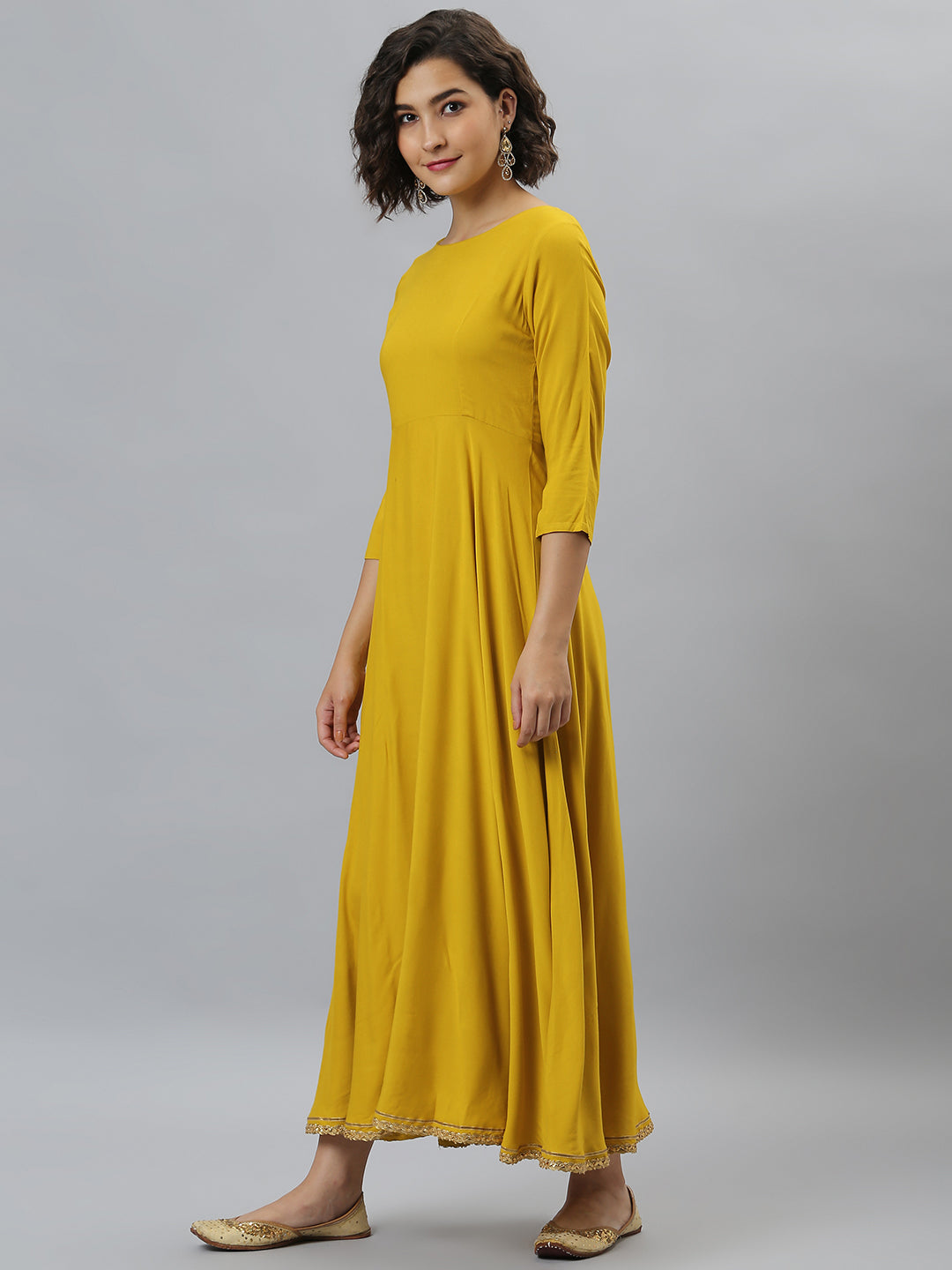 Janasya Women's Mustard Rayon Solid Flared Casual Kurta Set | Swadesiicart