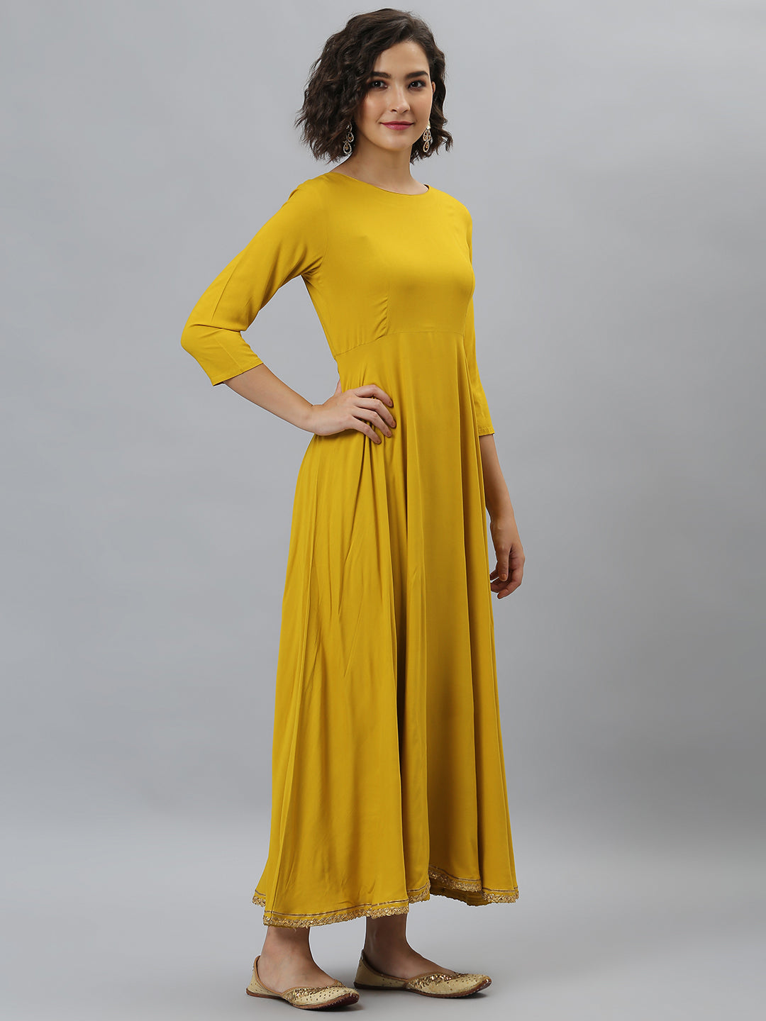 Janasya Women's Mustard Rayon Solid Flared Casual Kurta Set | Swadesiicart