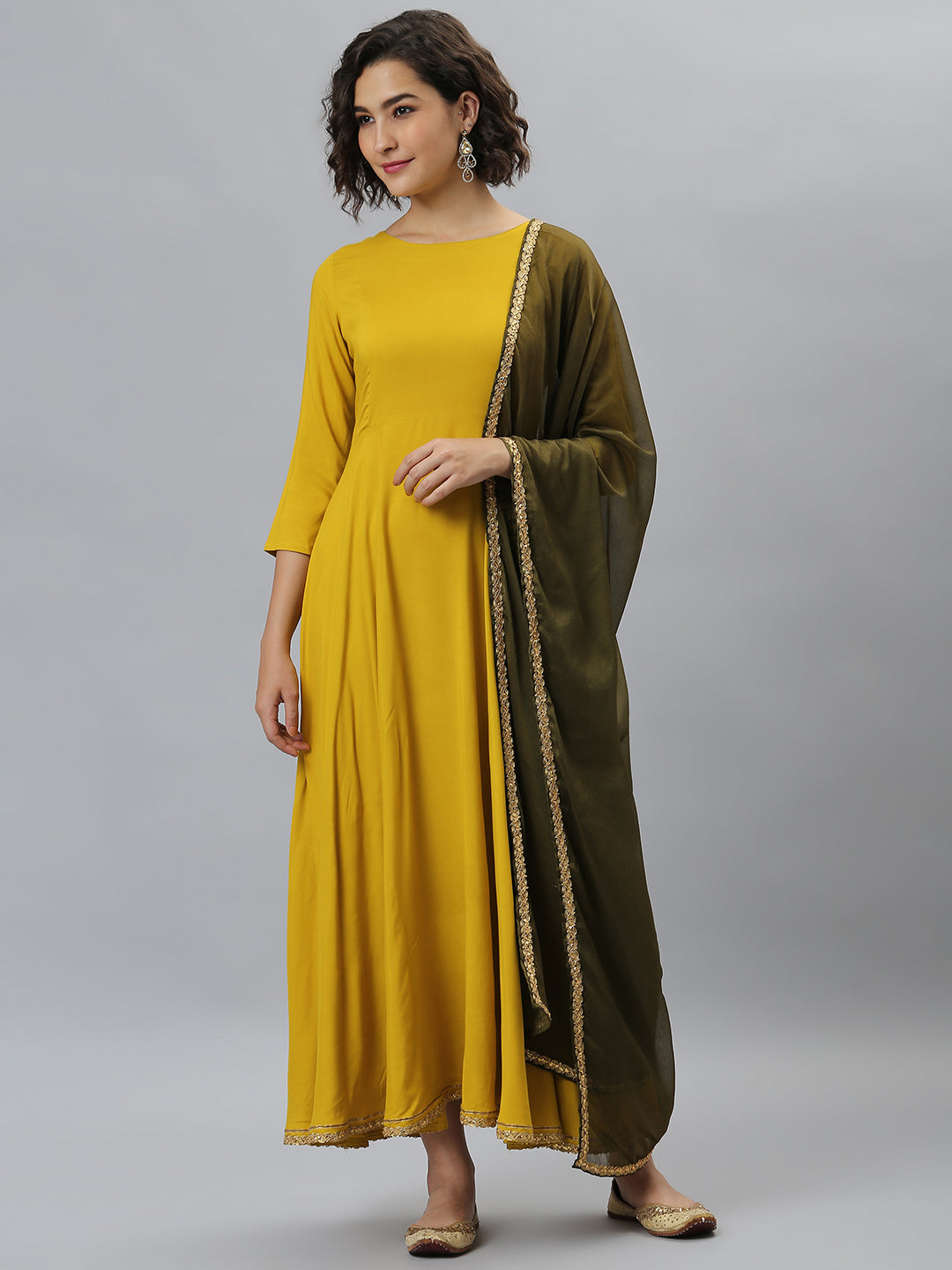 Janasya Women's Mustard Rayon Solid Flared Casual Kurta Set | Swadesiicart