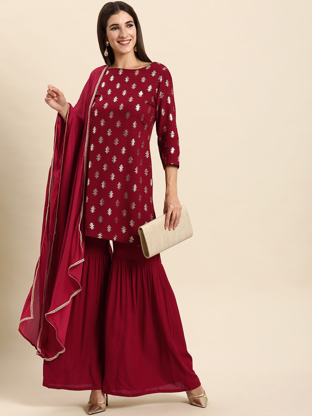 Janasya Women's Maroon Rayon Floral Print Kurti With Sharara And Dupatta | Swadesiicart