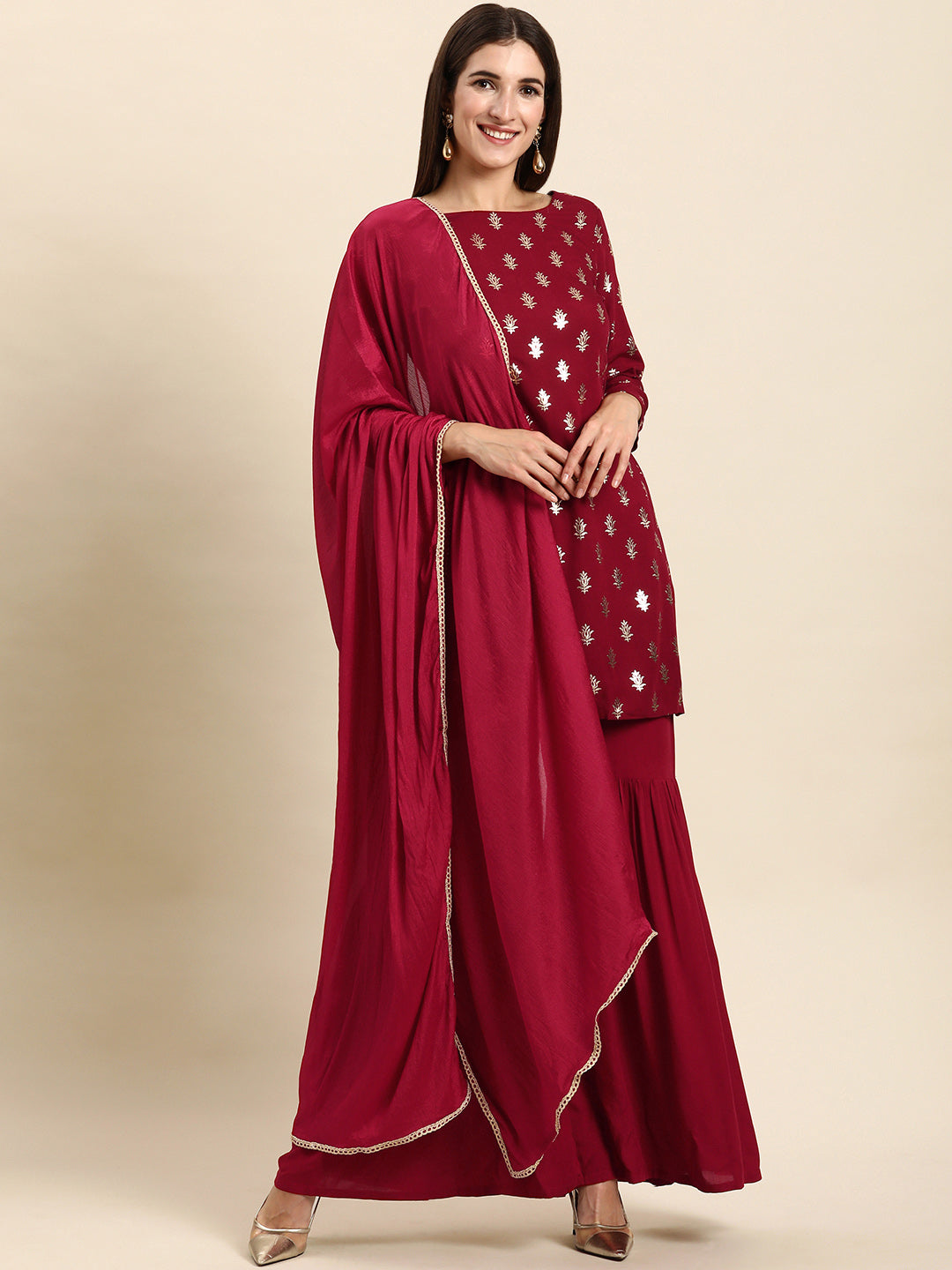 Janasya Women's Maroon Rayon Floral Print Kurti With Sharara And Dupatta | Swadesiicart