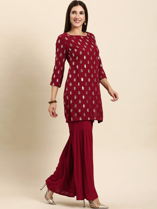 Janasya Women's Maroon Rayon Floral Print Kurti With Sharara And Dupatta | Swadesiicart