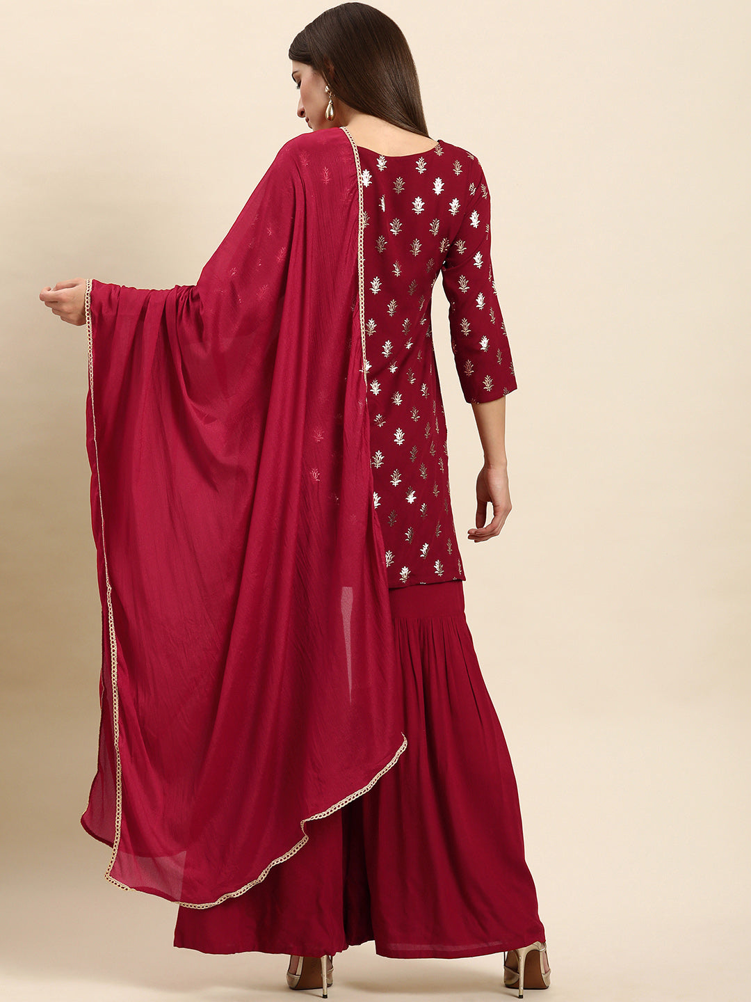 Janasya Women's Maroon Rayon Floral Print Kurti With Sharara And Dupatta | Swadesiicart