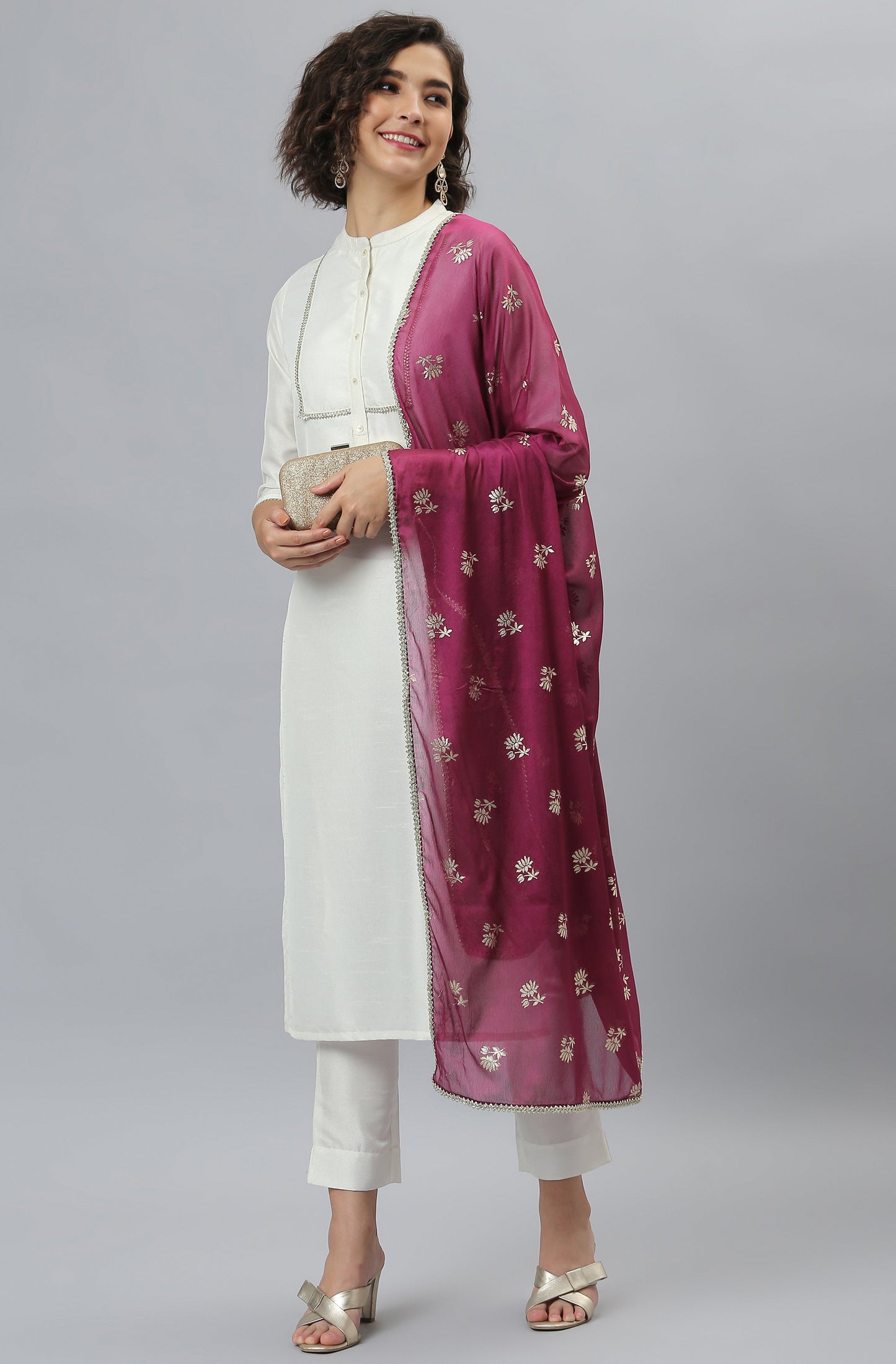 Janasya Women's White Poly Silk Solid Kurta With Pant And Dupatta | Swadesiicart
