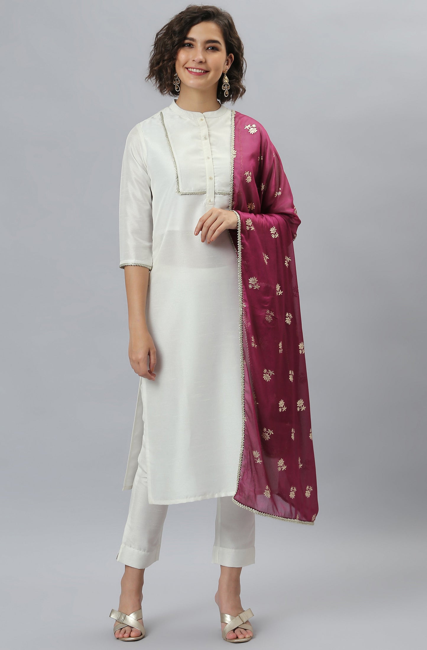 Janasya Women's White Poly Silk Solid Kurta With Pant And Dupatta | Swadesiicart