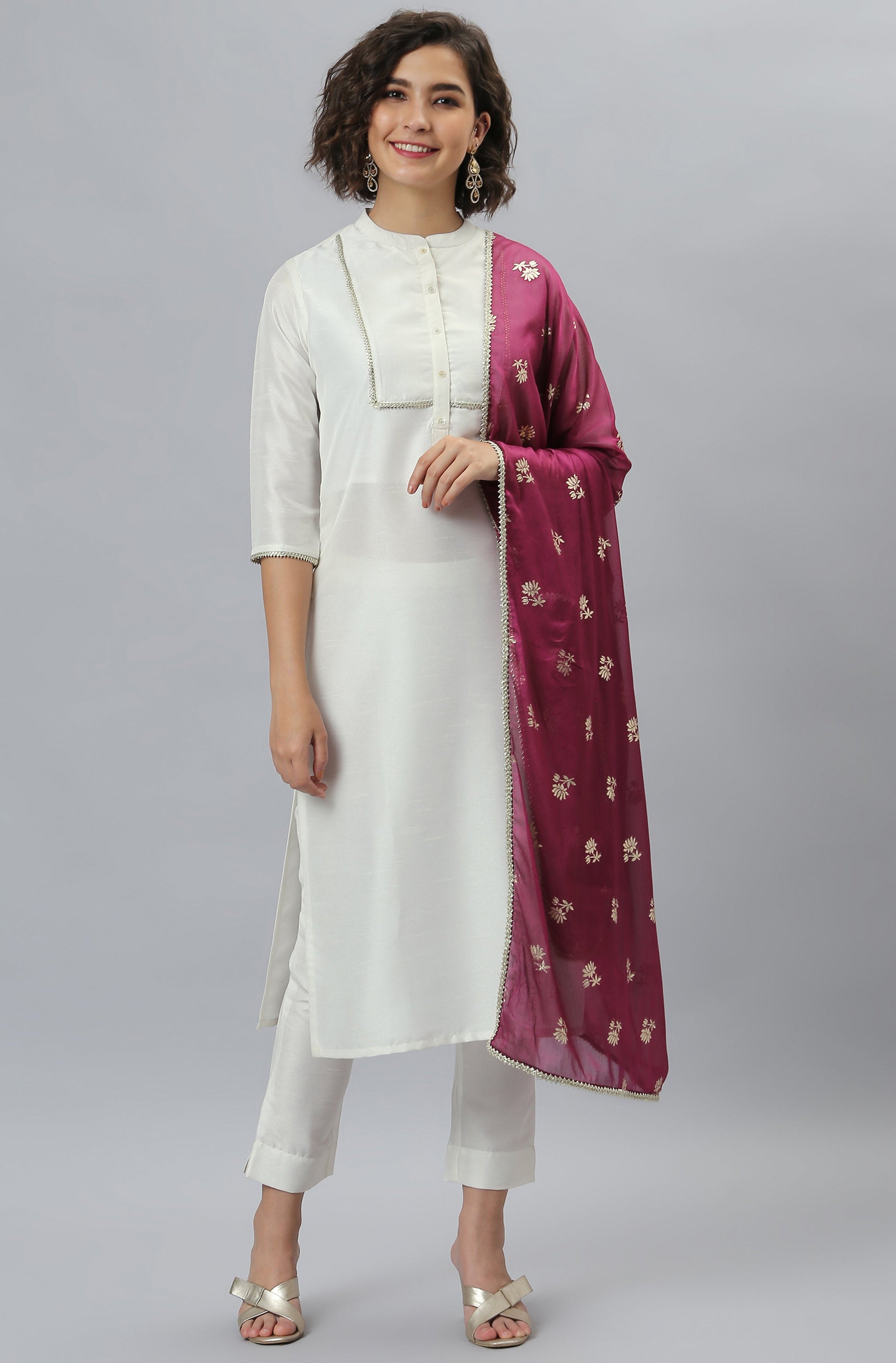 Janasya Women's White Poly Silk Solid Kurta With Pant And Dupatta | Swadesiicart