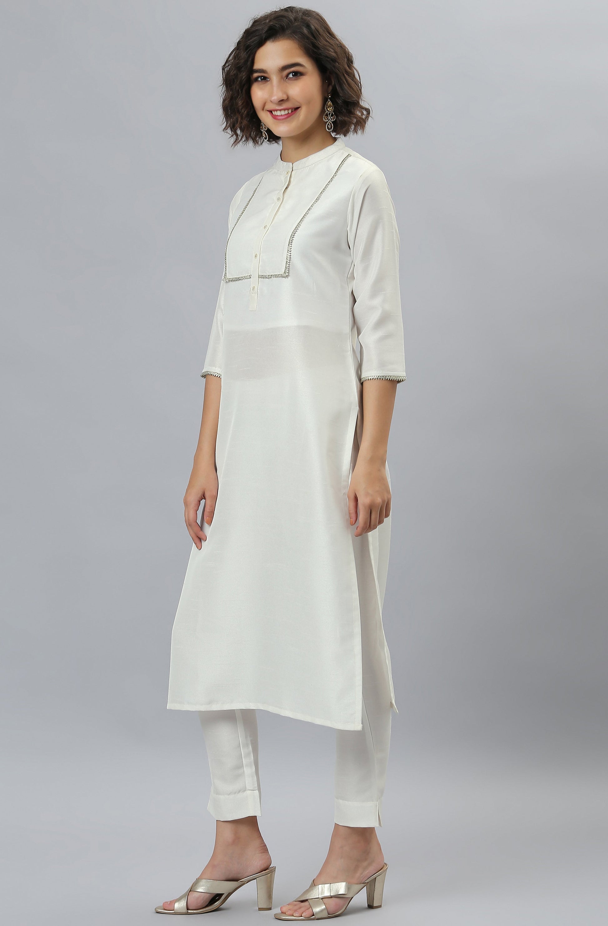 Janasya Women's White Poly Silk Solid Kurta With Pant And Dupatta | Swadesiicart