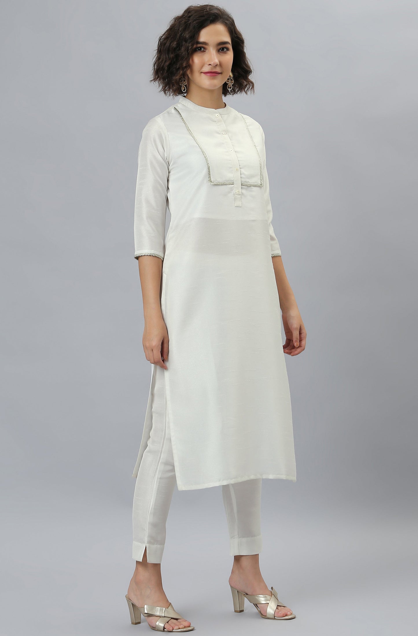 Janasya Women's White Poly Silk Solid Kurta With Pant And Dupatta | Swadesiicart