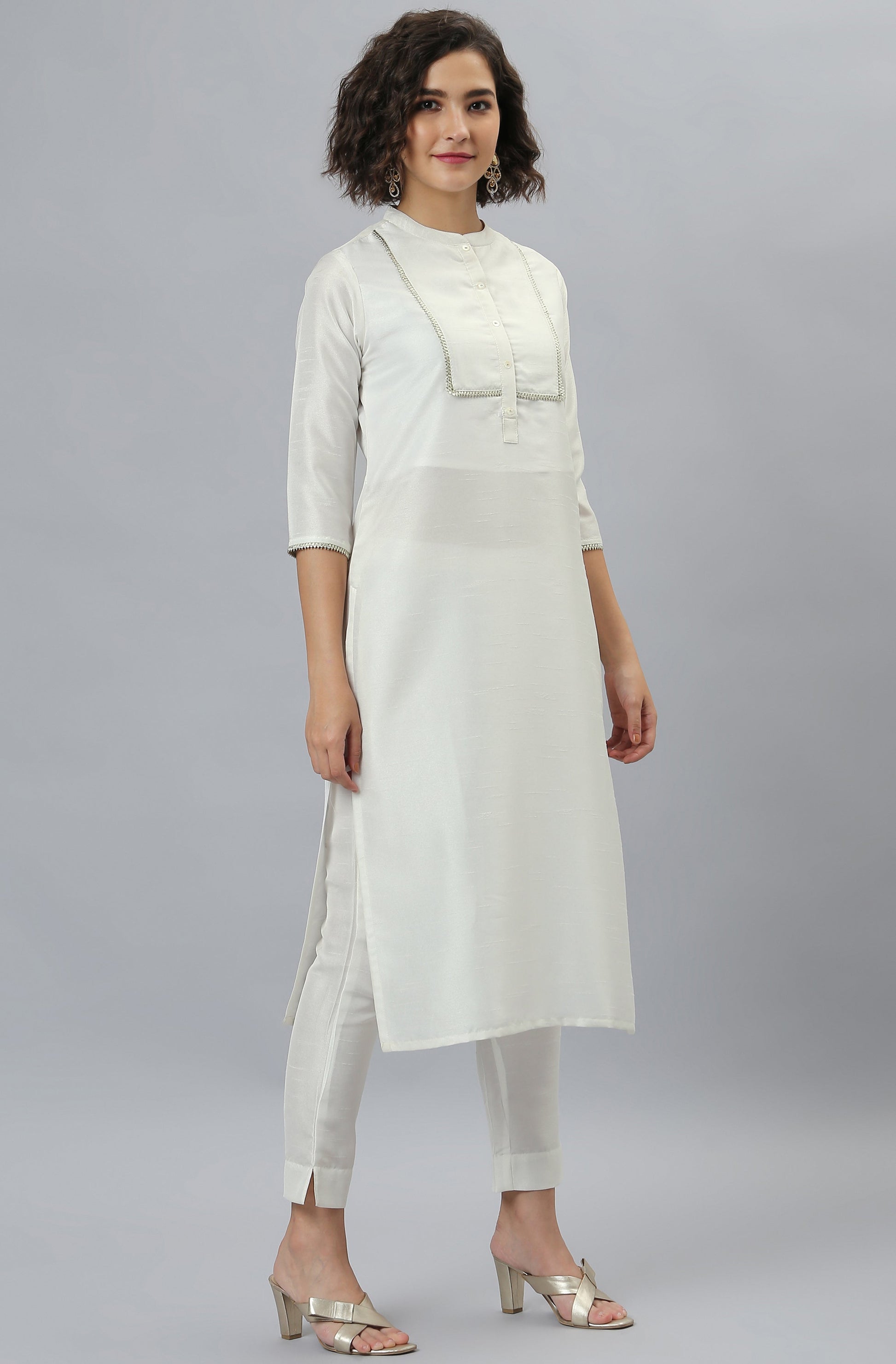 Janasya Women's White Poly Silk Solid Kurta With Pant And Dupatta | Swadesiicart