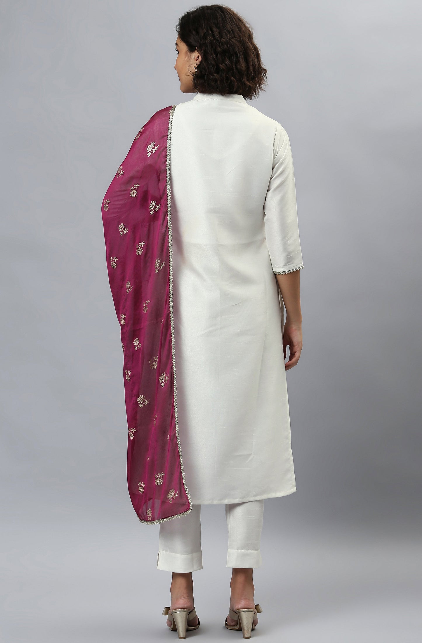 Janasya Women's White Poly Silk Solid Kurta With Pant And Dupatta | Swadesiicart