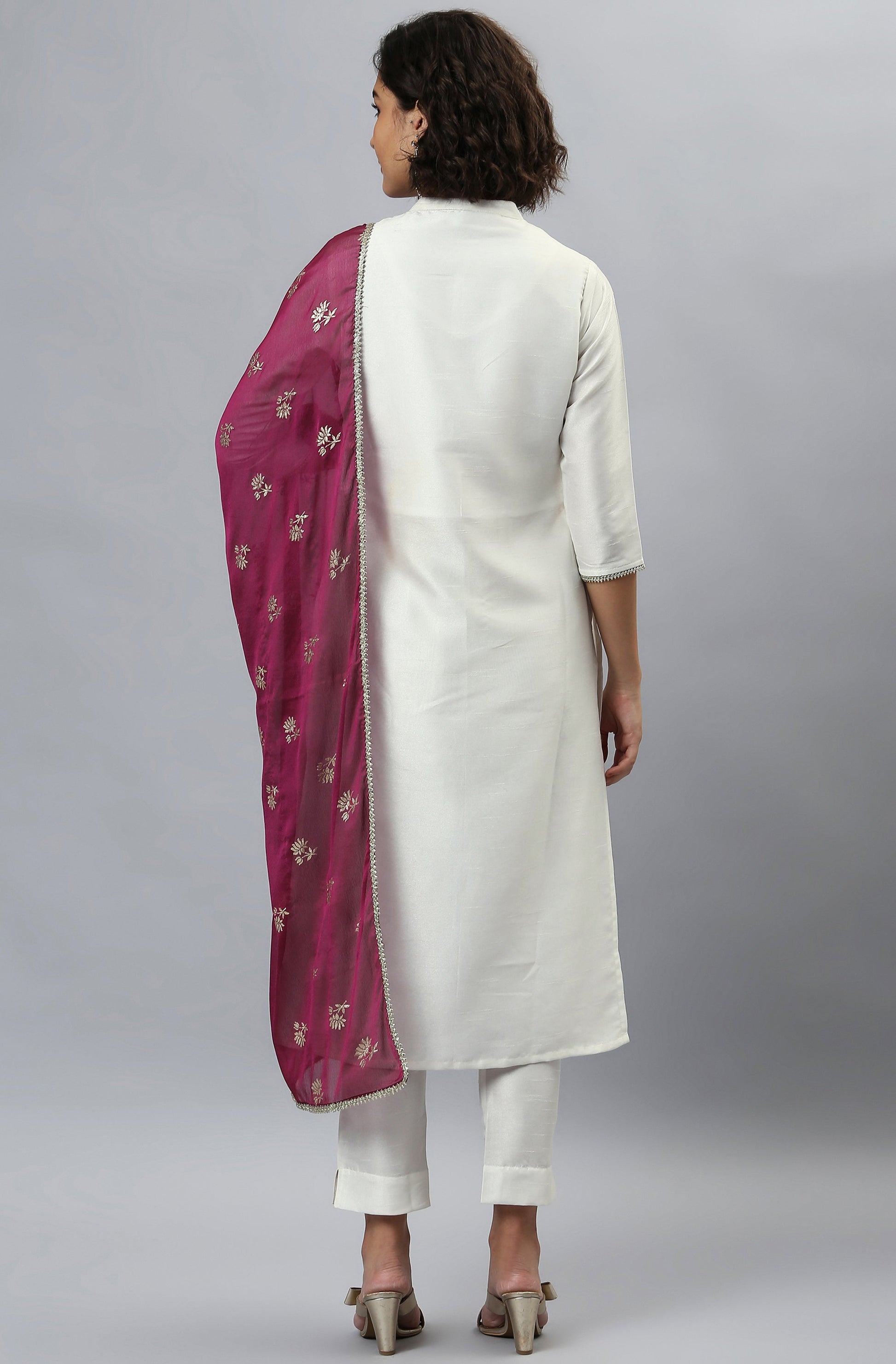 Janasya Women's White Poly Silk Solid Kurta With Pant And Dupatta | Swadesiicart