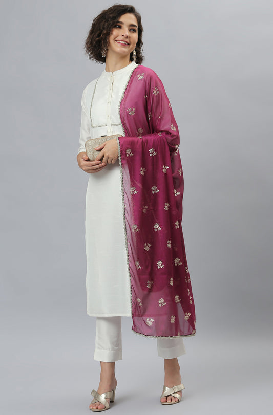 Janasya Women's White Poly Silk Solid Kurta With Pant And Dupatta | Swadesiicart