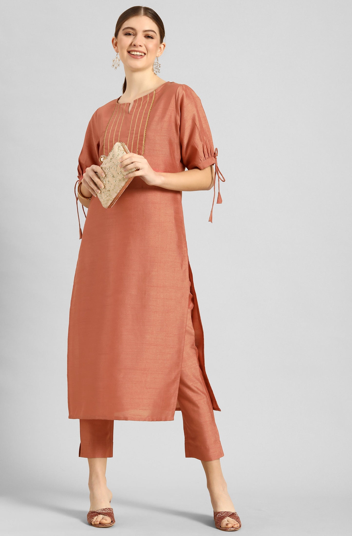Janasya Women's Peach Poly Silk Embellished Straight Festive Kurta Set - Swadesiicart