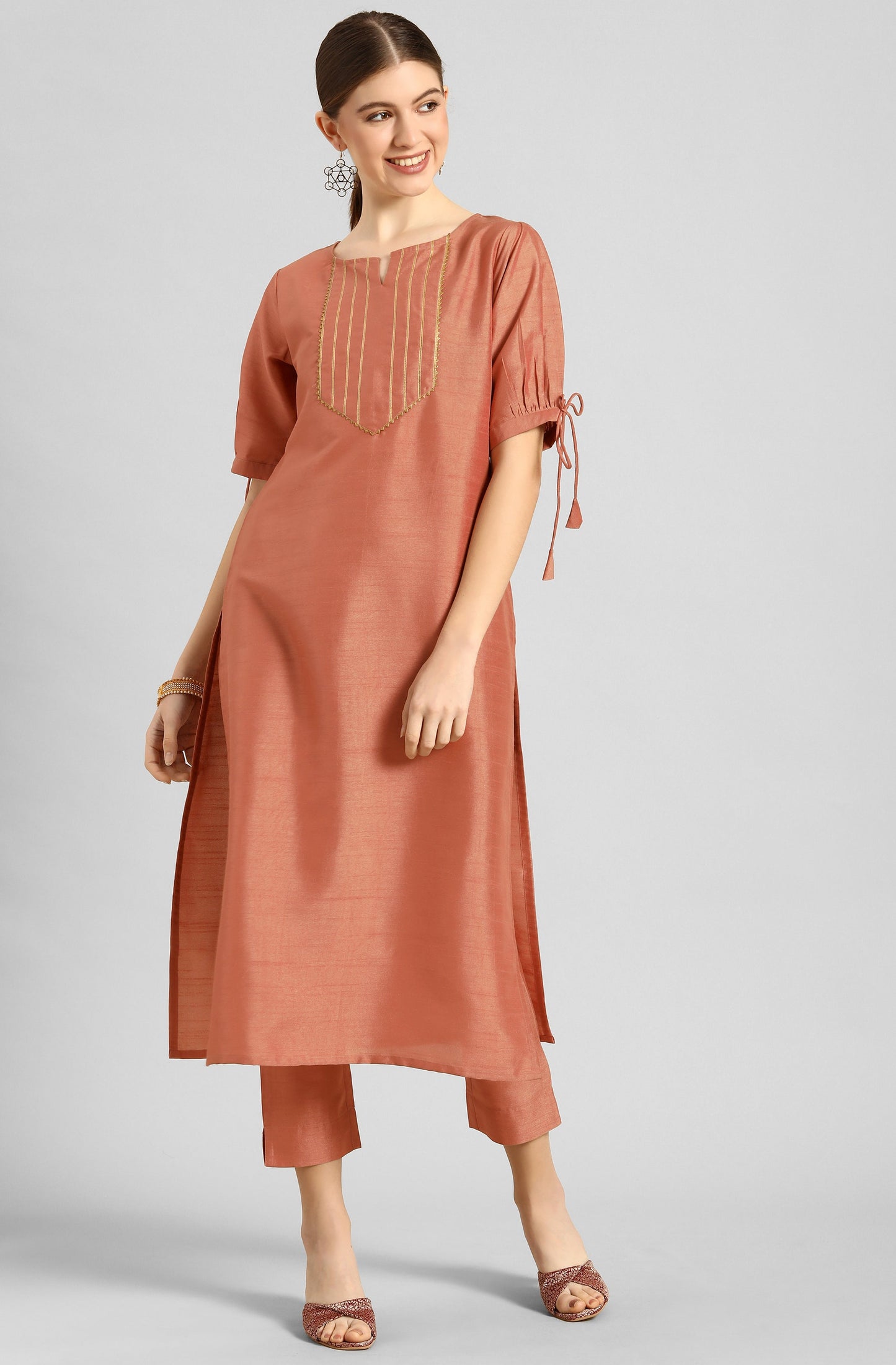 Janasya Women's Peach Poly Silk Embellished Straight Festive Kurta Set - Swadesiicart