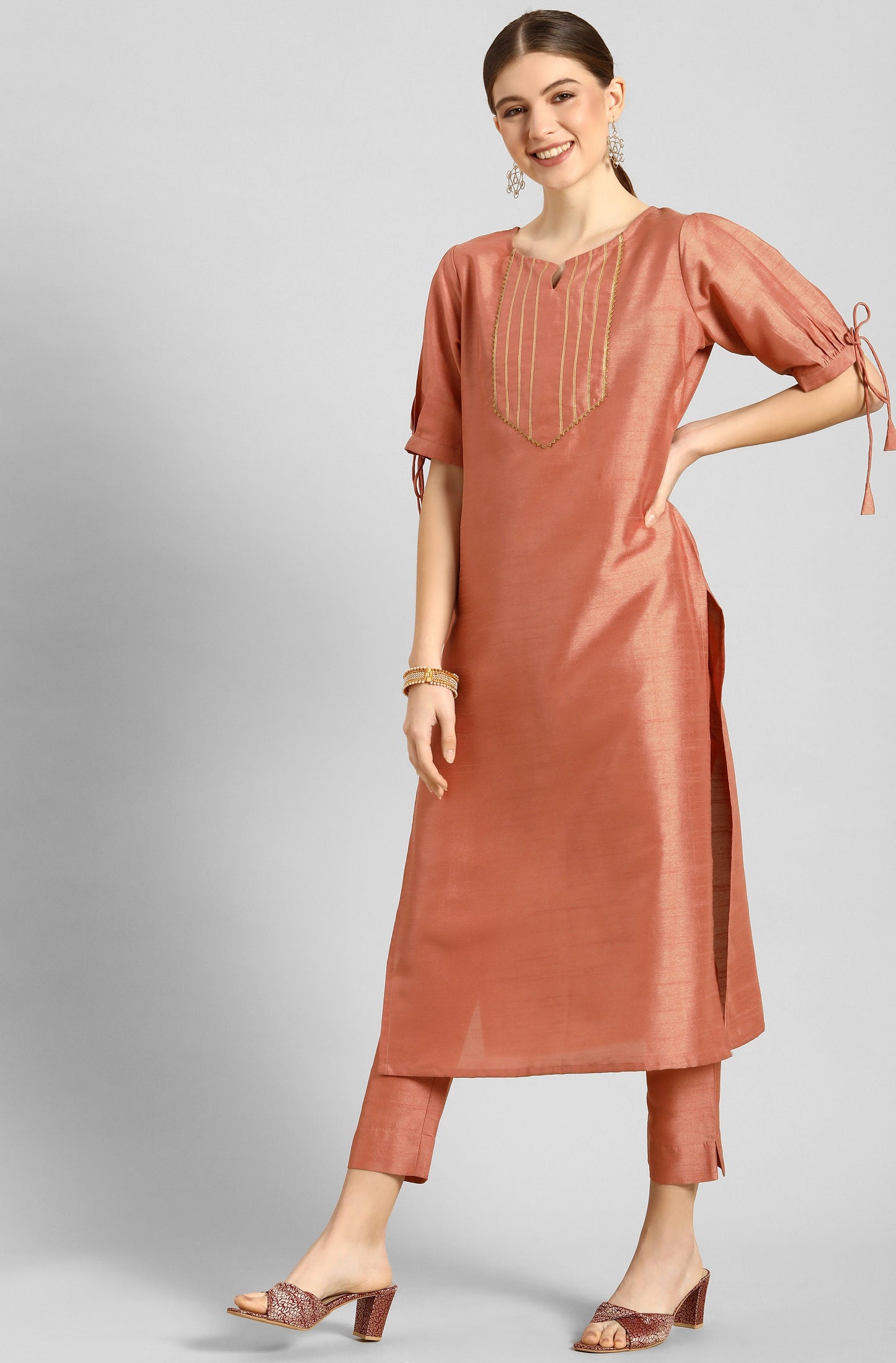 Janasya Women's Peach Poly Silk Embellished Straight Festive Kurta Set - Swadesiicart