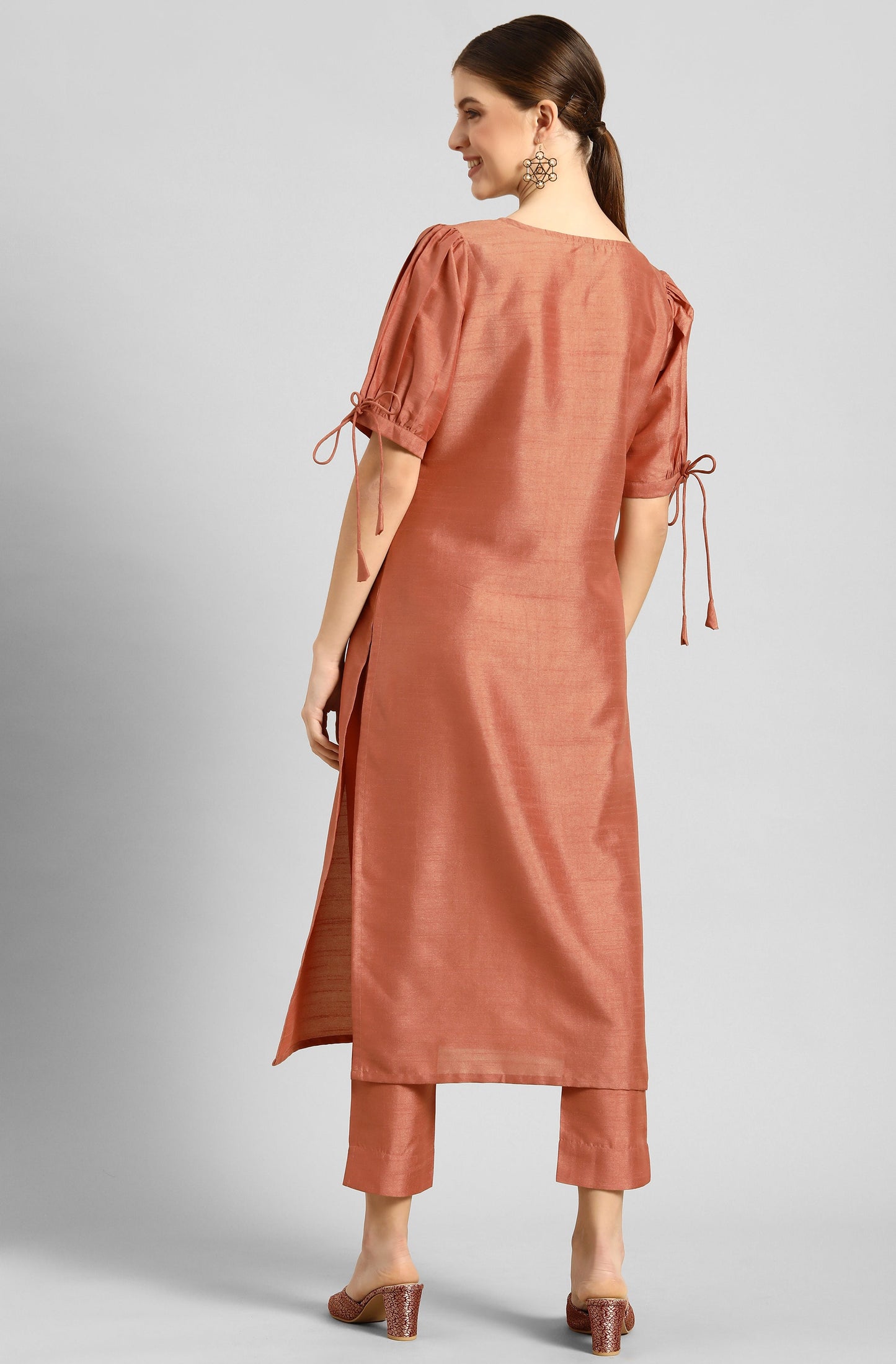 Janasya Women's Peach Poly Silk Embellished Straight Festive Kurta Set - Swadesiicart