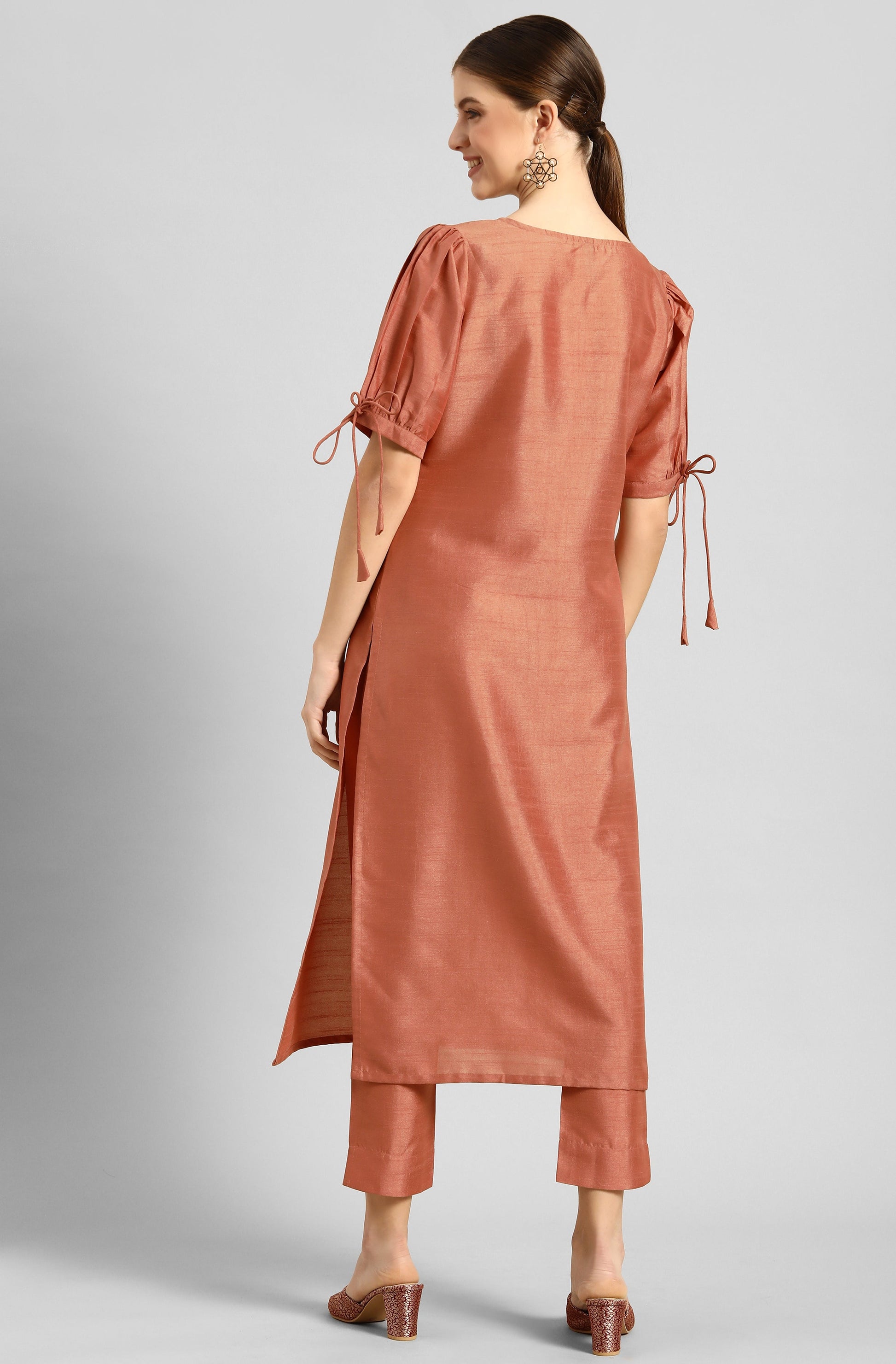 Janasya Women's Peach Poly Silk Embellished Straight Festive Kurta Set - Swadesiicart