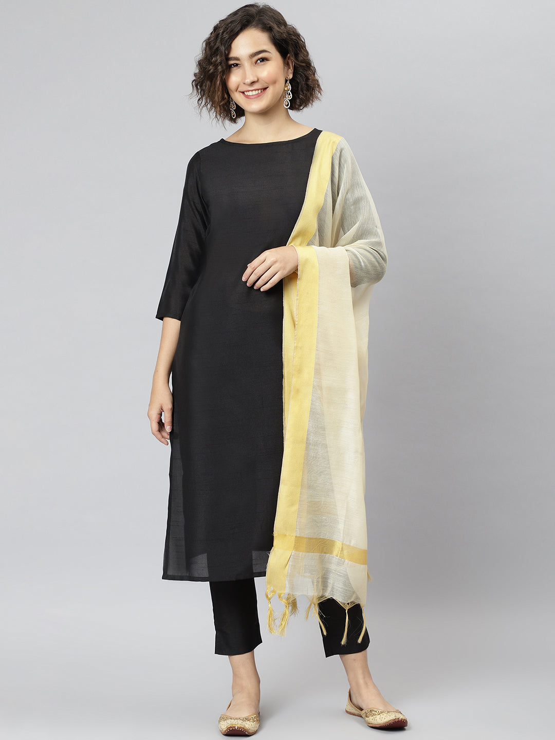 Janasya Women's Black Poly Silk Solid Straight Casual Kurta Set | Swadesiicart