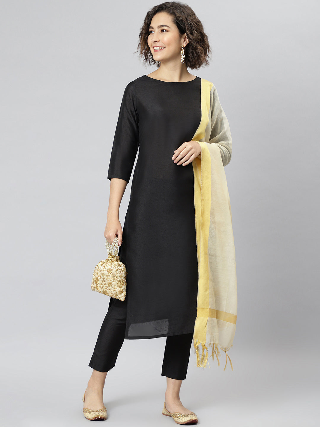 Janasya Women's Black Poly Silk Solid Straight Casual Kurta Set | Swadesiicart
