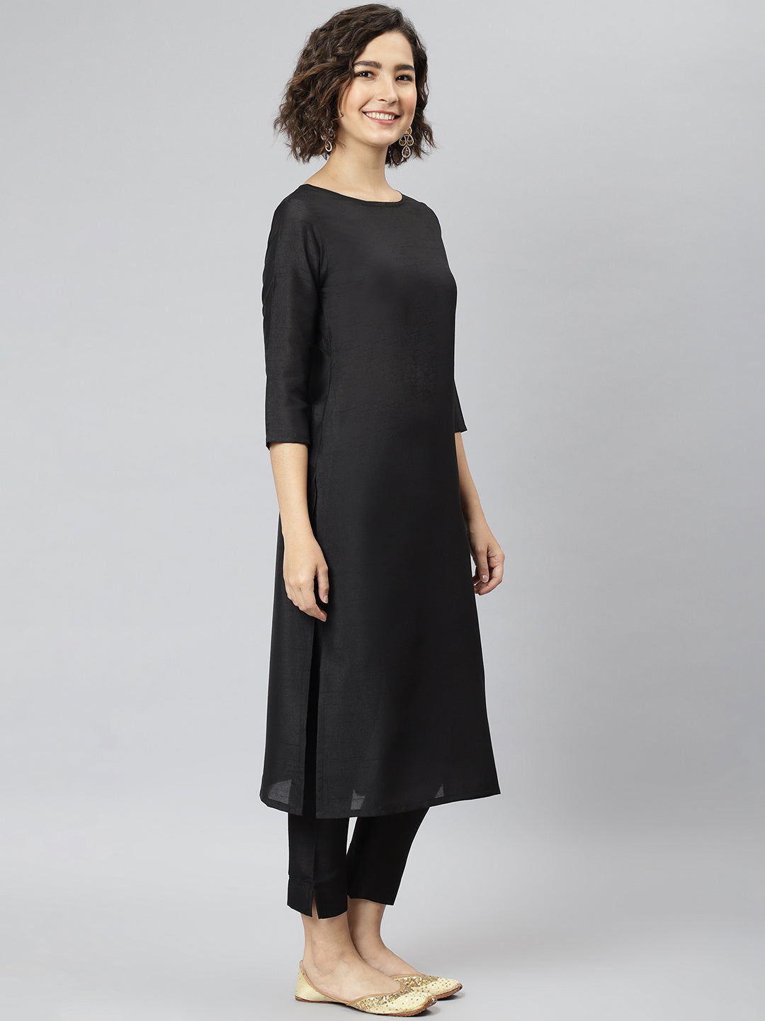 Janasya Women's Black Poly Silk Solid Straight Casual Kurta Set | Swadesiicart