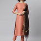 Janasya Women's Peach Poly Silk Solid Straight Casual Kurta Set | Swadesiicart