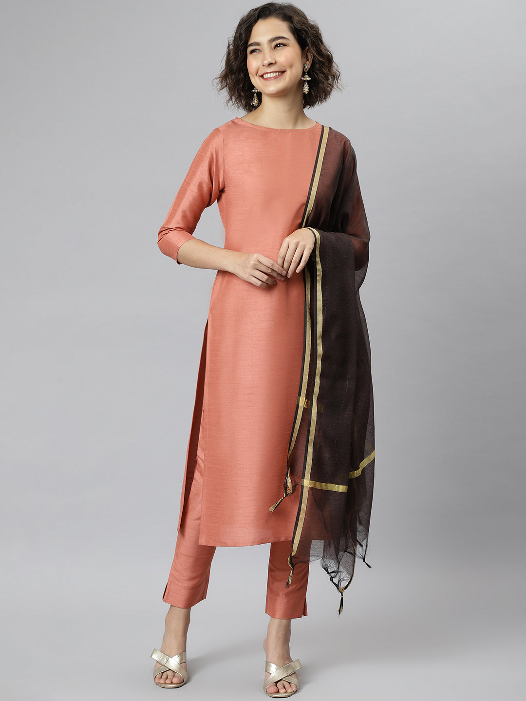 Janasya Women's Peach Poly Silk Solid Straight Casual Kurta Set | Swadesiicart