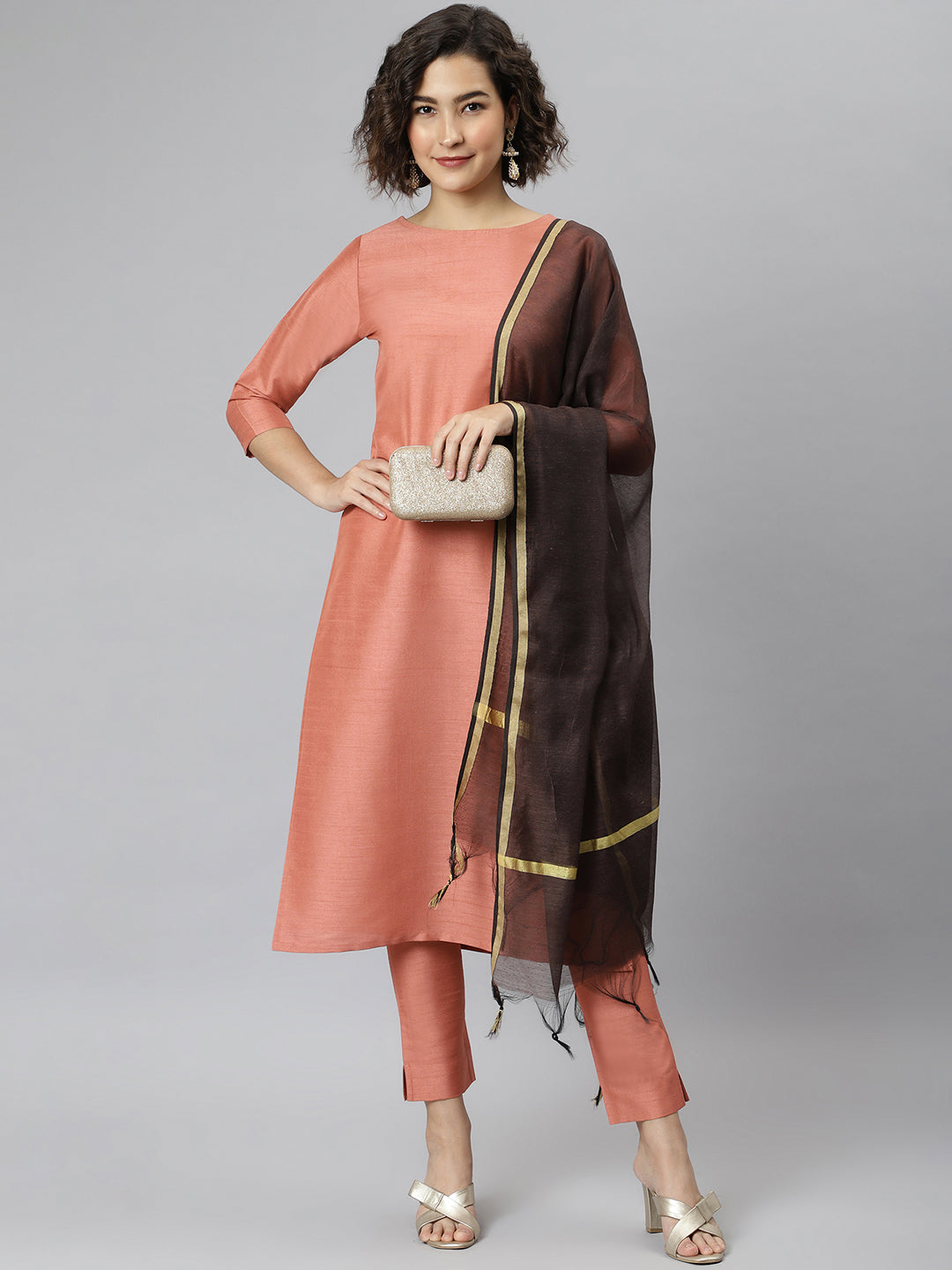 Janasya Women's Peach Poly Silk Solid Straight Casual Kurta Set | Swadesiicart