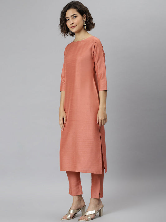 Janasya Women's Peach Poly Silk Solid Straight Casual Kurta Set | Swadesiicart