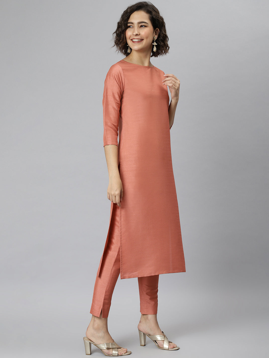 Janasya Women's Peach Poly Silk Solid Straight Casual Kurta Set | Swadesiicart