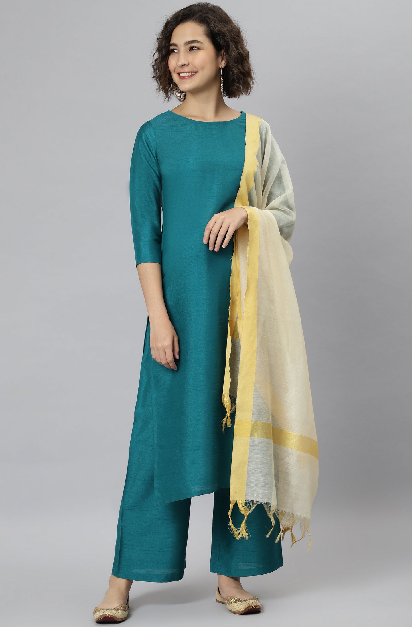 Janasya Women's Teal Poly Silk Solid Straight Casual Kurta Set | Swadesiicart