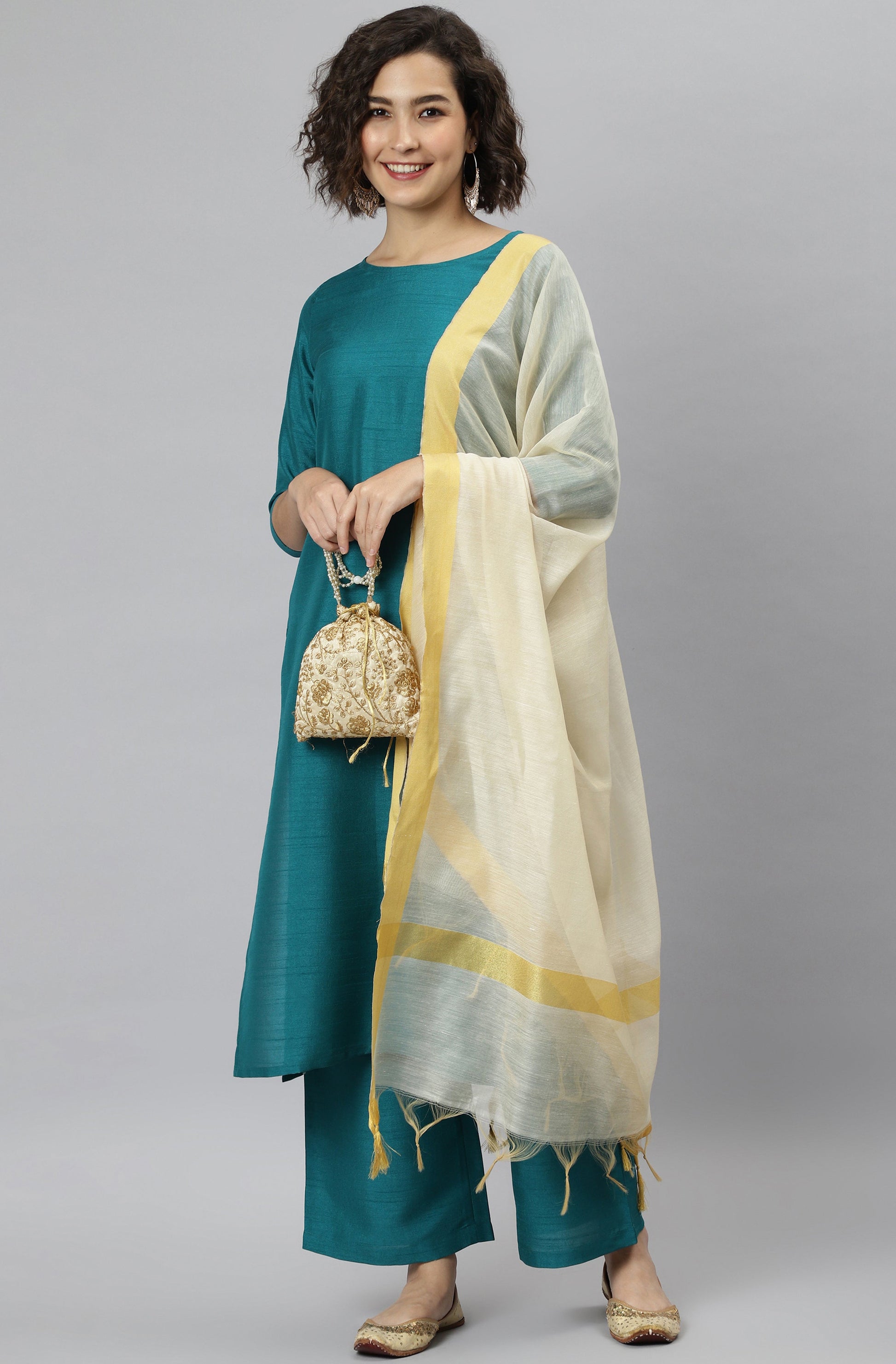 Janasya Women's Teal Poly Silk Solid Straight Casual Kurta Set | Swadesiicart