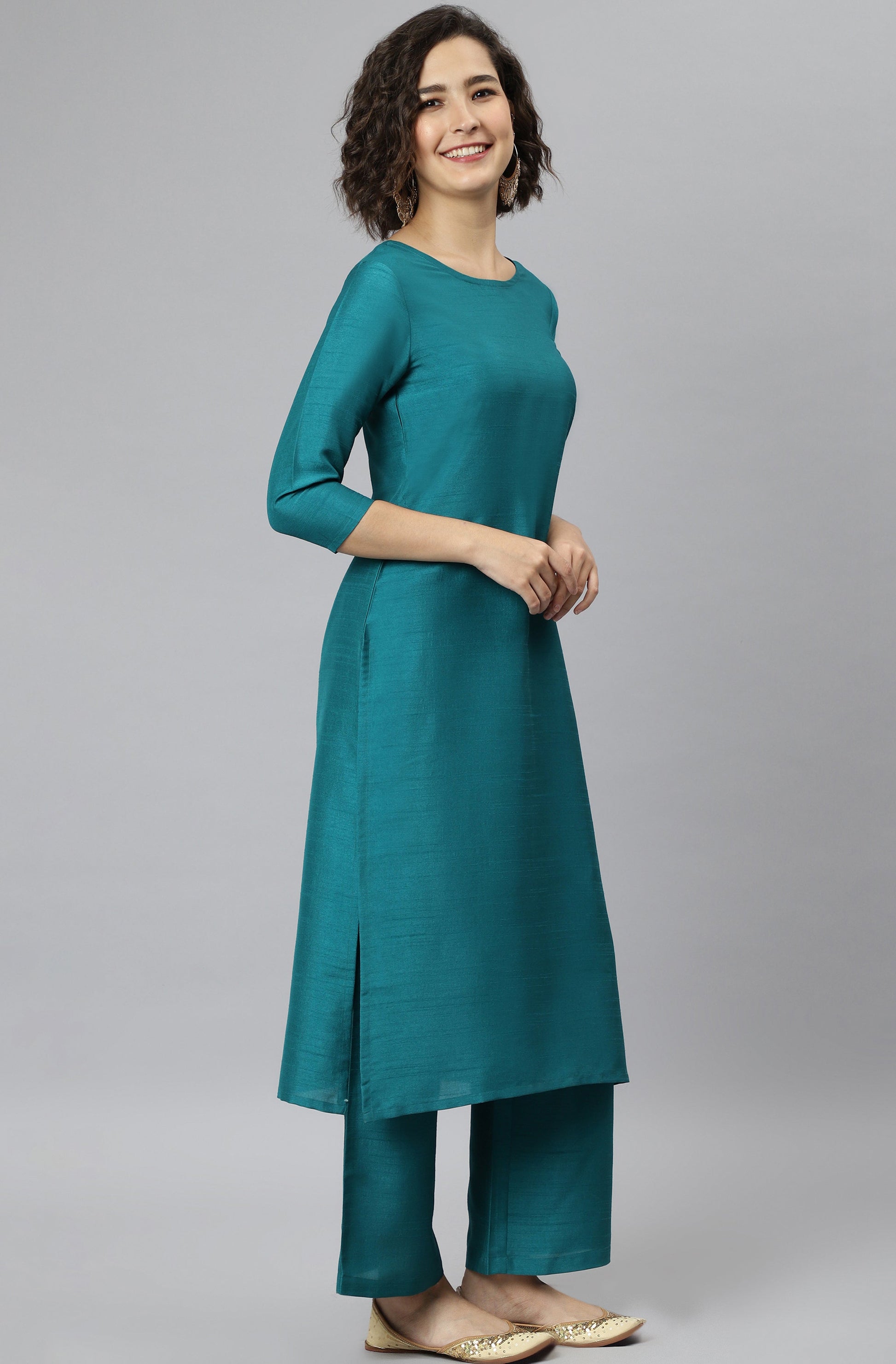 Janasya Women's Teal Poly Silk Solid Straight Casual Kurta Set | Swadesiicart