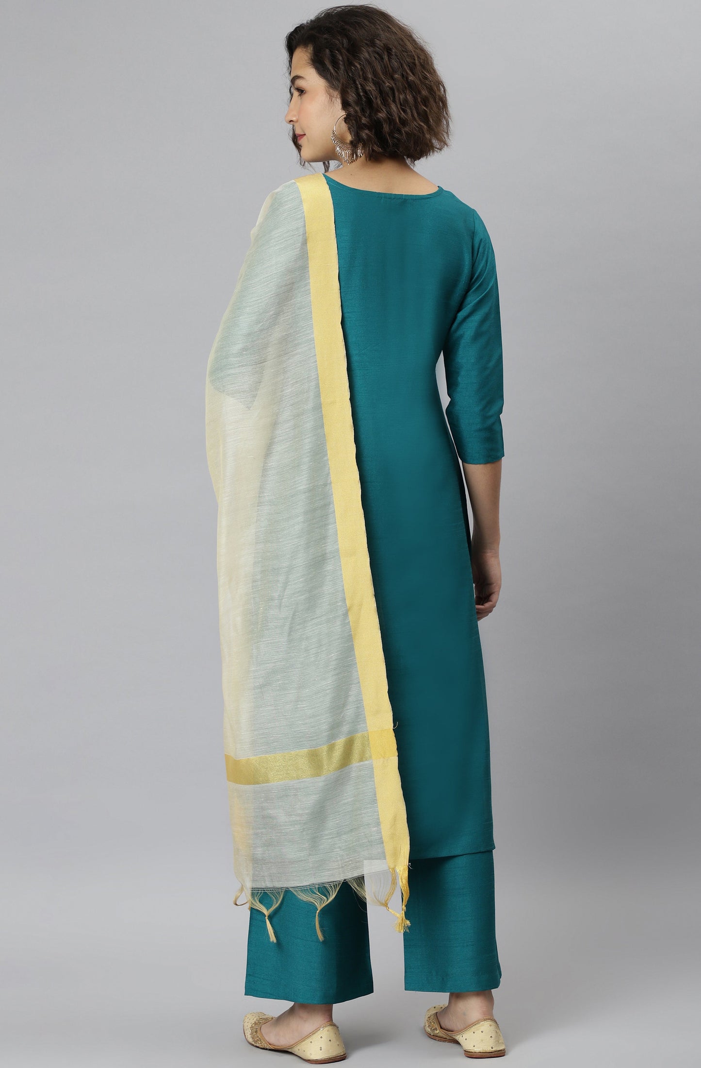 Janasya Women's Teal Poly Silk Solid Straight Casual Kurta Set | Swadesiicart
