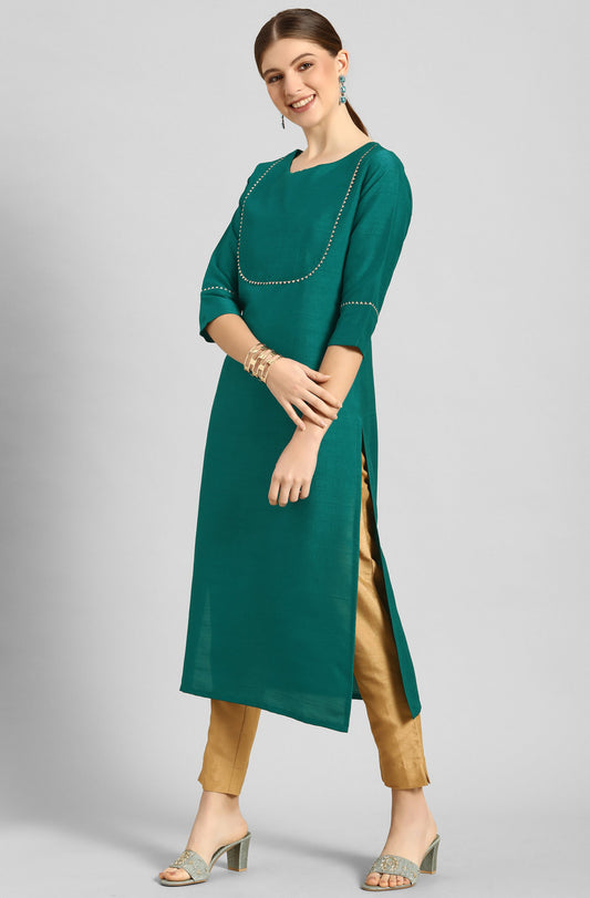 Janasya Women's Green Poly Silk Solid Straight Casual Kurta Set - Swadesiicart