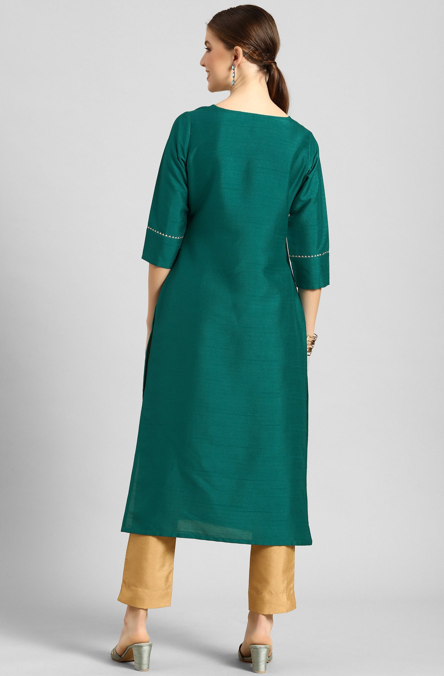 Janasya Women's Green Poly Silk Solid Straight Casual Kurta Set - Swadesiicart